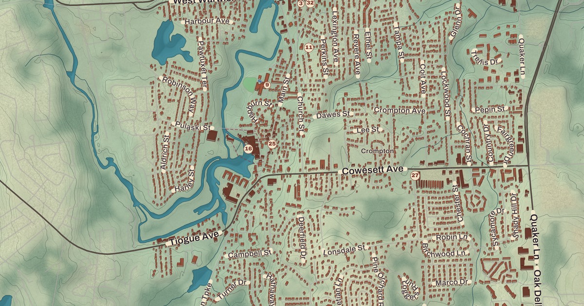 Beautifully Detailed Map of West Warwick, Rhode Island