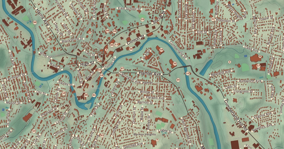 Beautifully Detailed Map of Woonsocket, Rhode Island