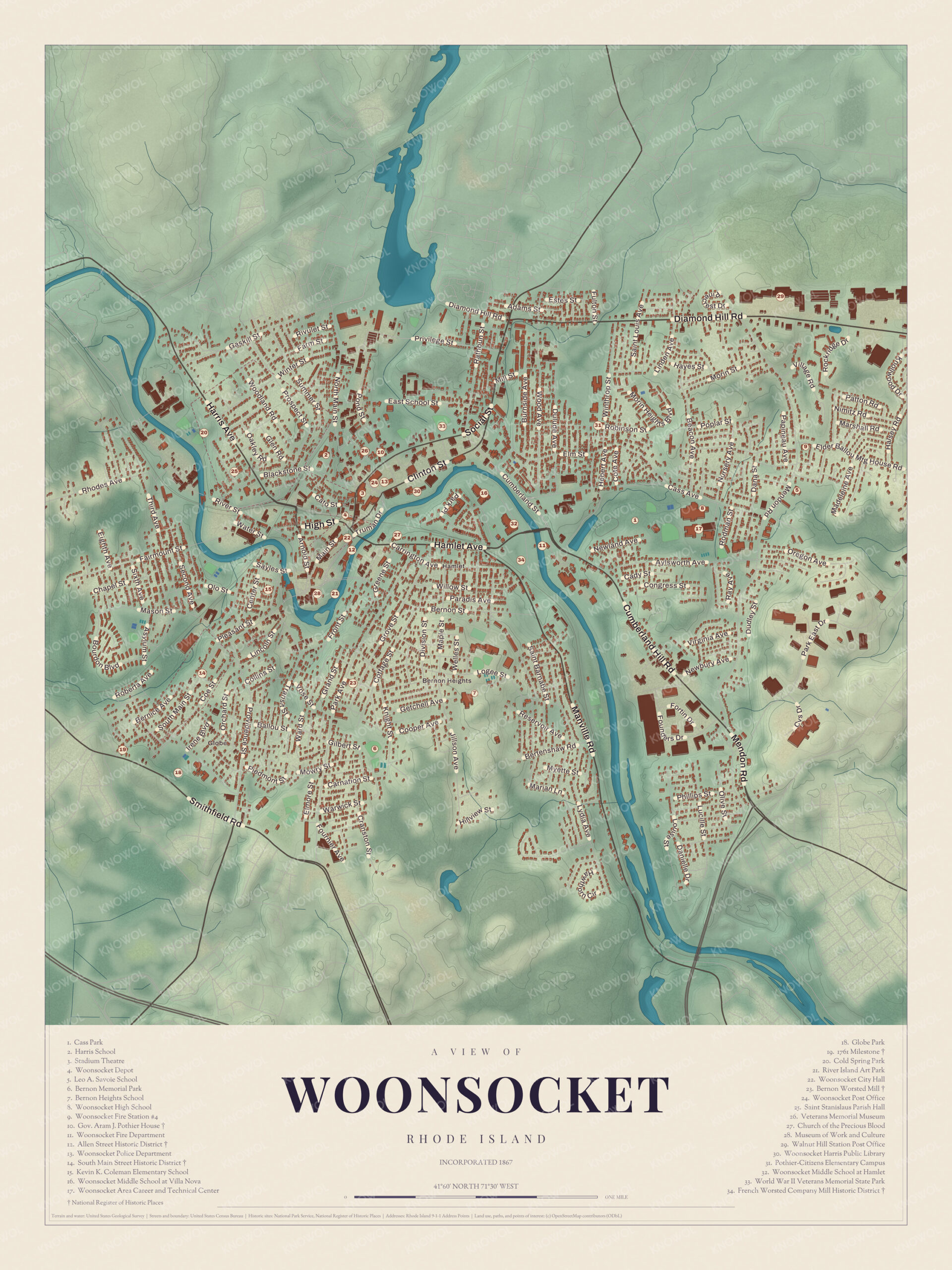 Map of Woonsocket, Rhode Island