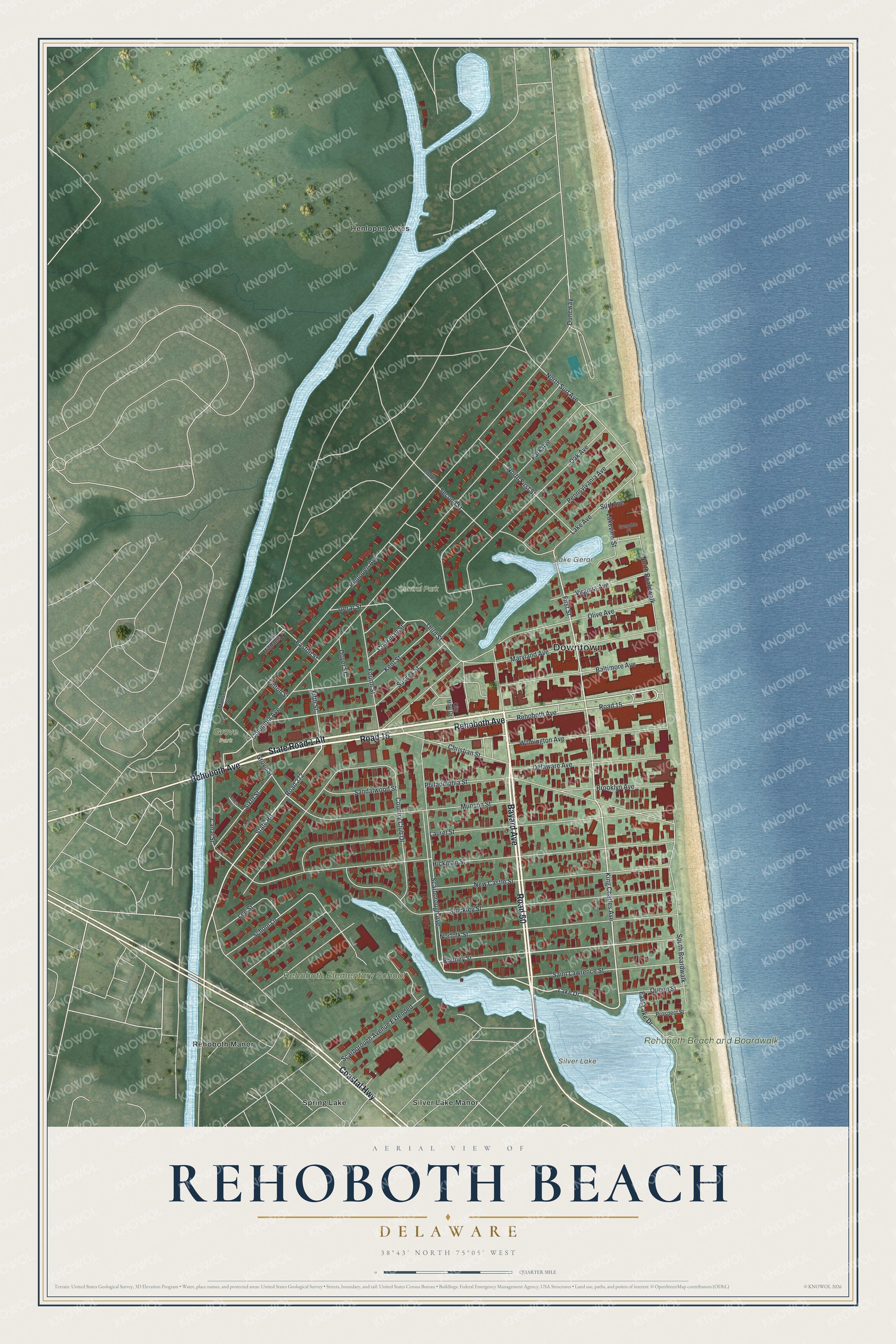 Watermarked full-map preview of Rehoboth Beach, Delaware