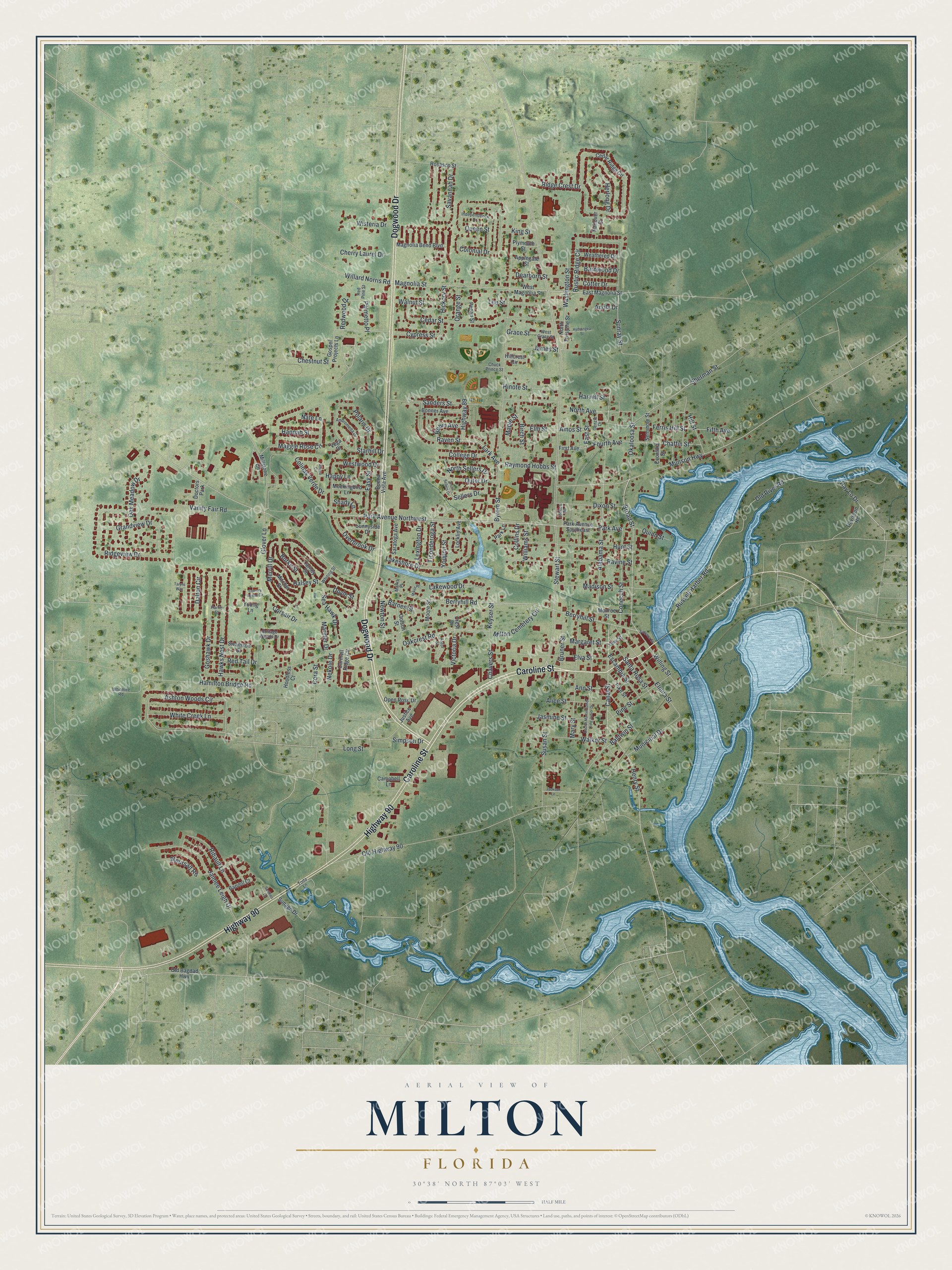 Watermarked full-map preview of Milton, Florida