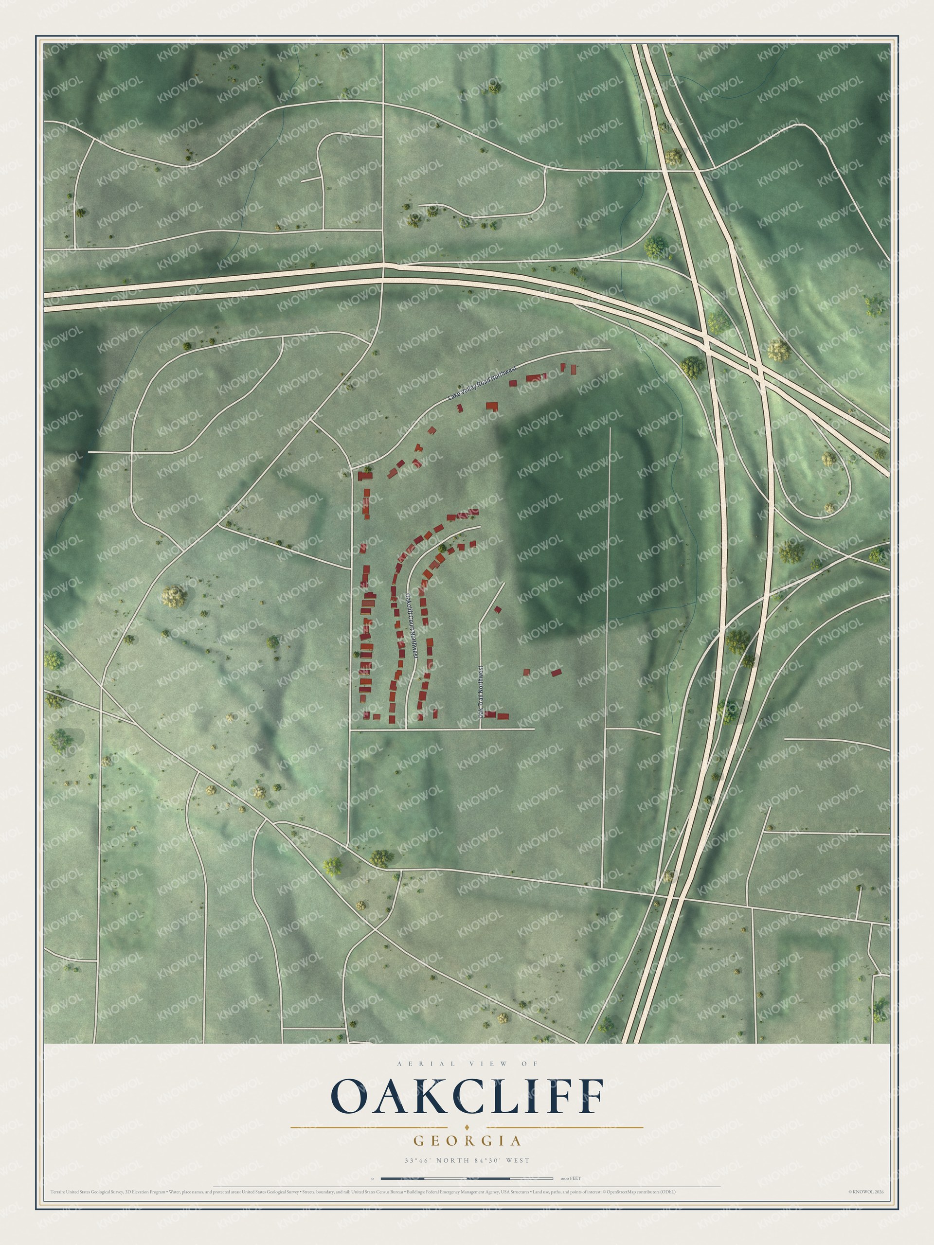 Watermarked full-map preview of Oakcliff, Georgia