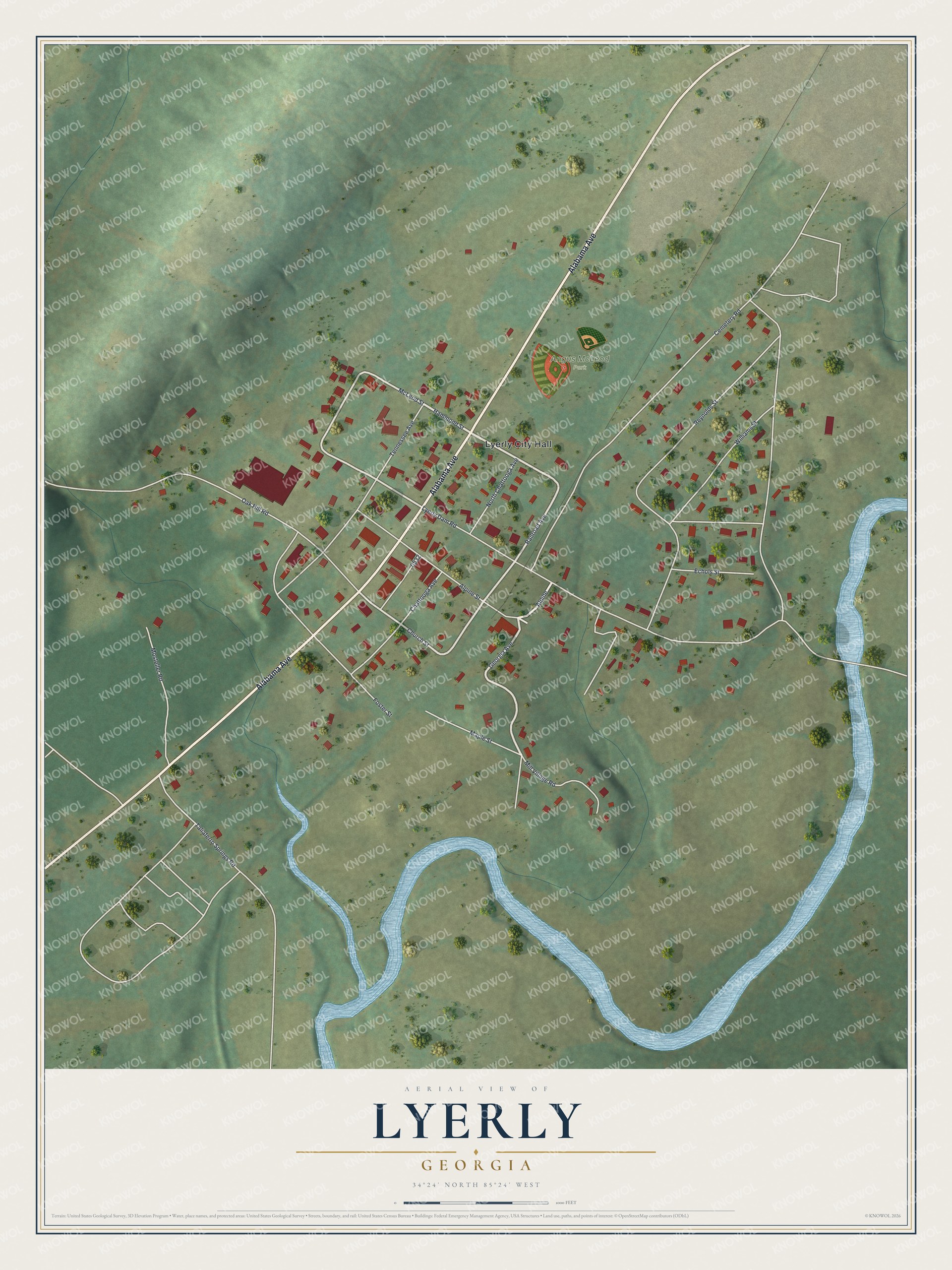 Watermarked full-map preview of Lyerly, Georgia