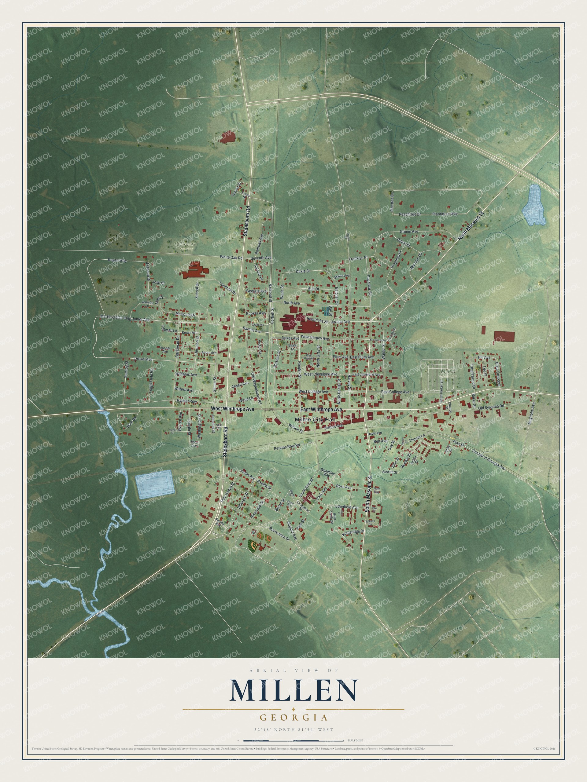 Watermarked full-map preview of Millen, Georgia