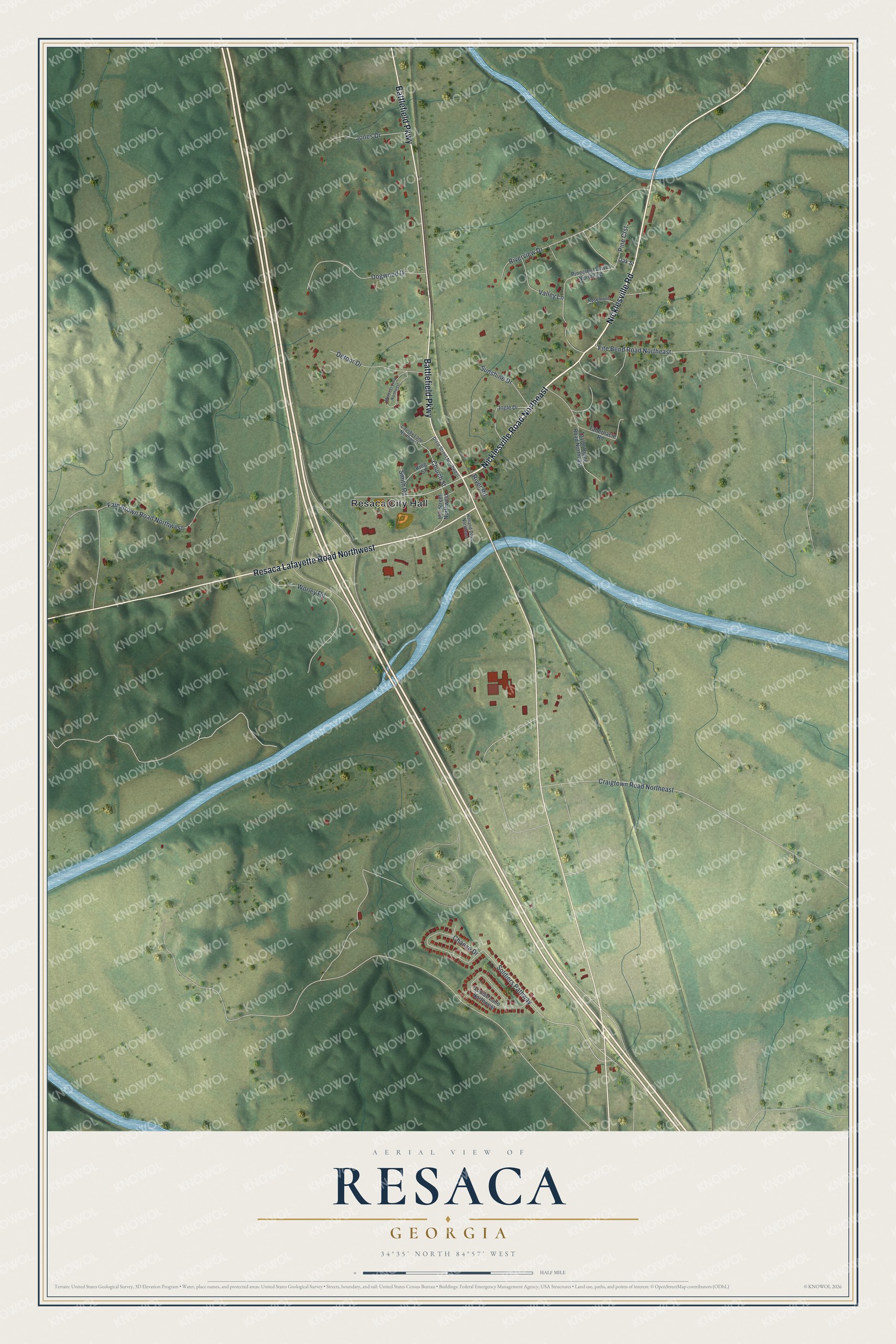 Watermarked full-map preview of Resaca, Georgia