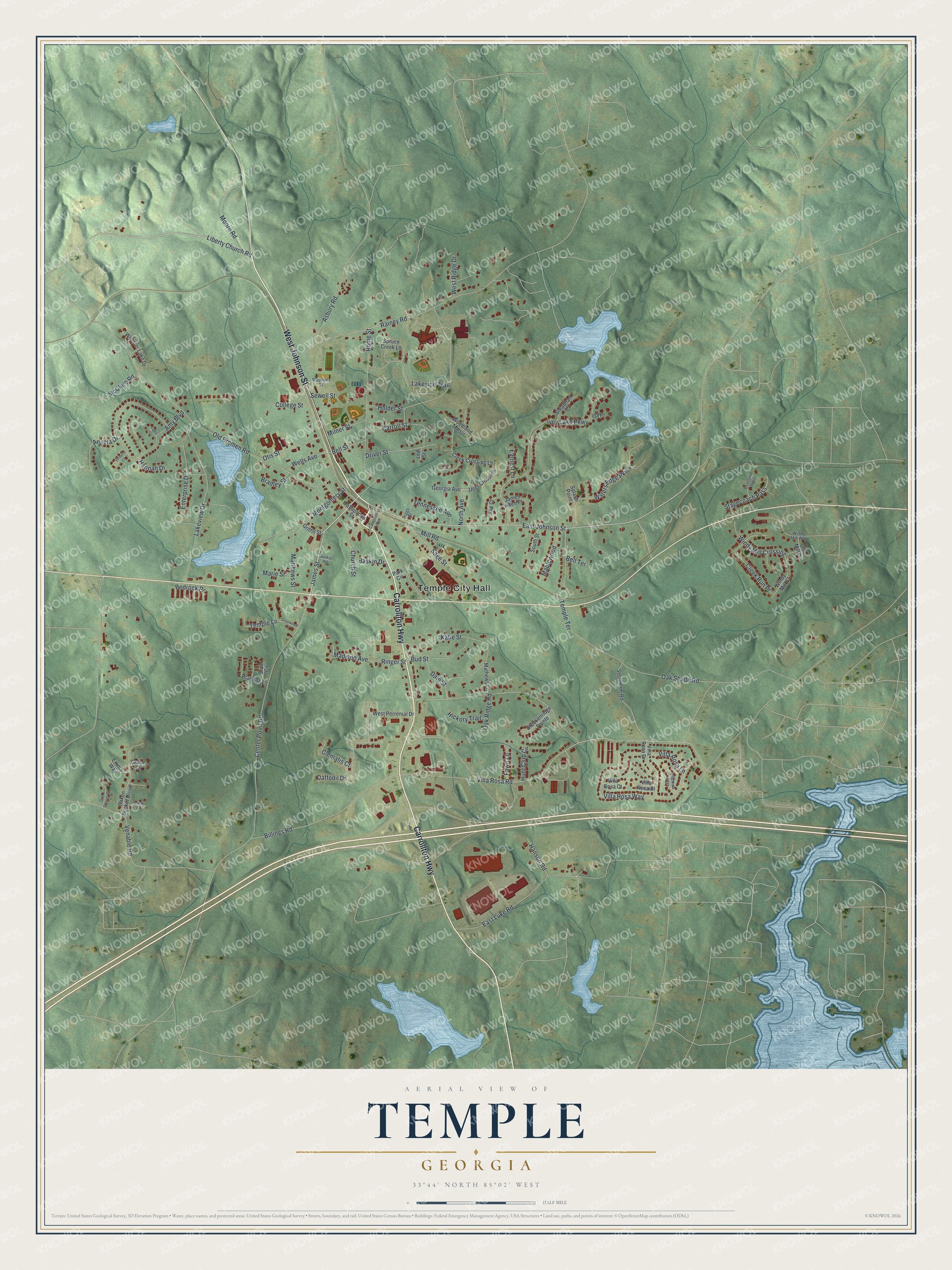Watermarked full-map preview of Temple, Georgia