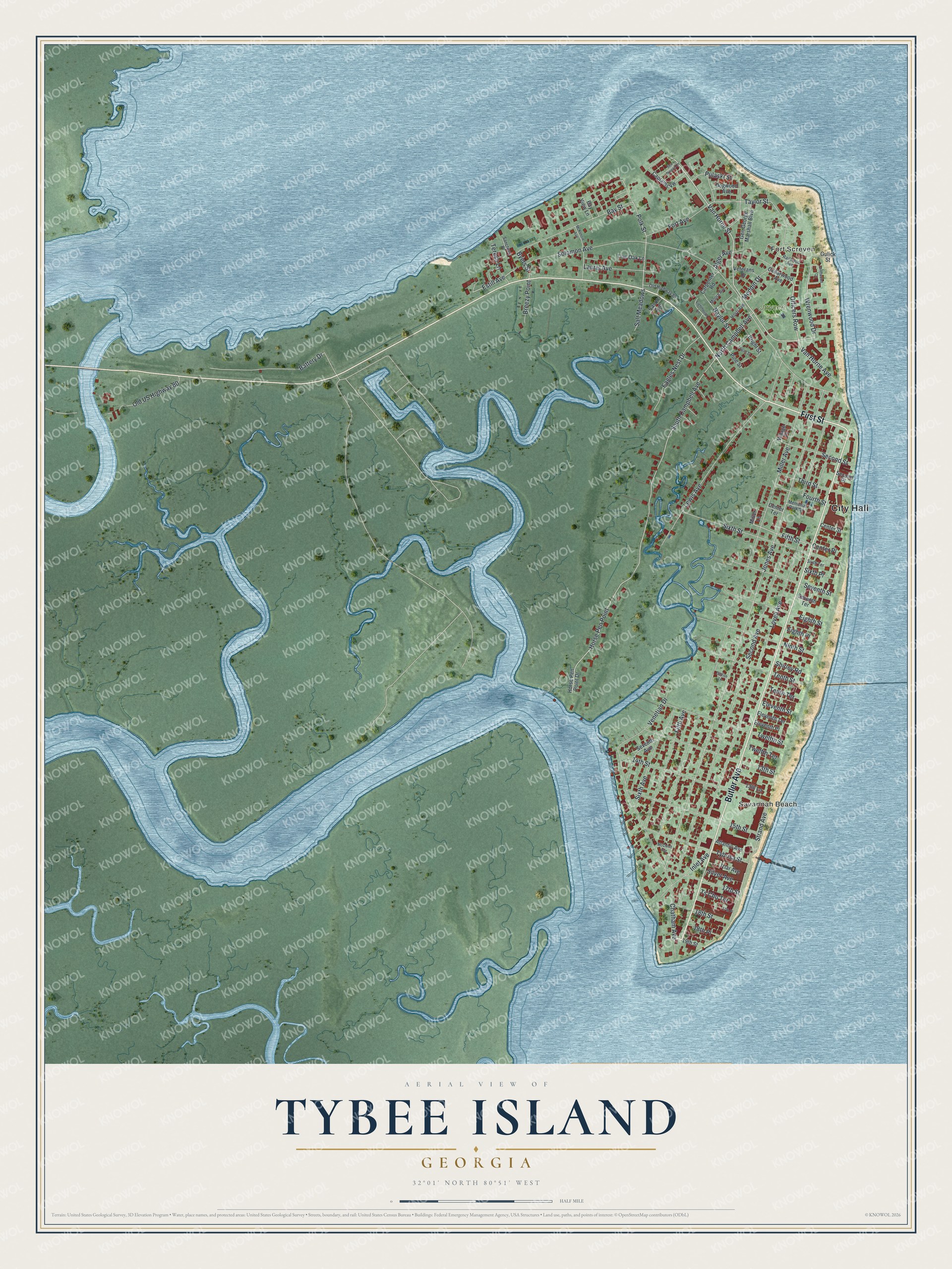 Watermarked full-map preview of Tybee Island, Georgia