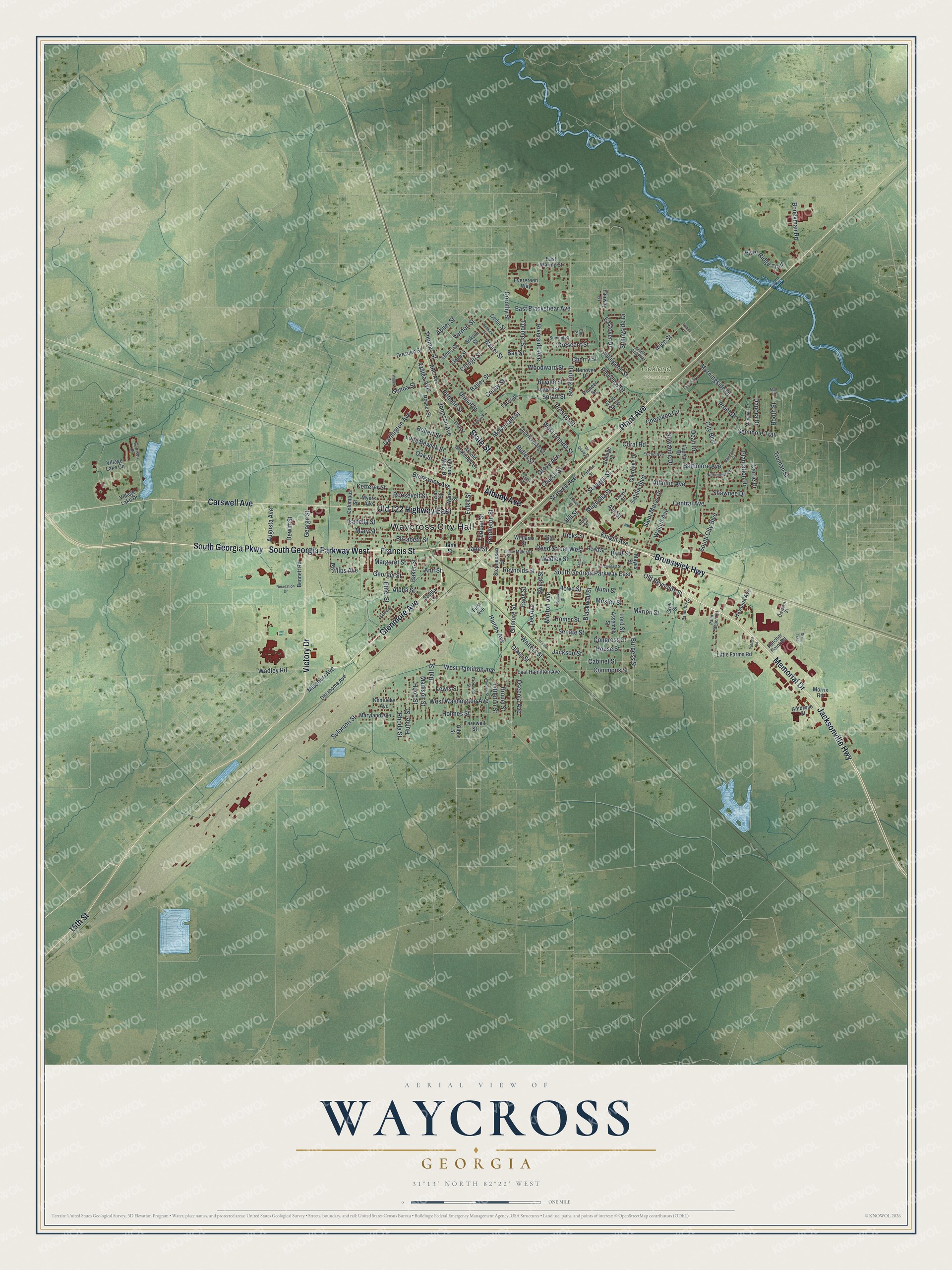 Watermarked full-map preview of Waycross, Georgia
