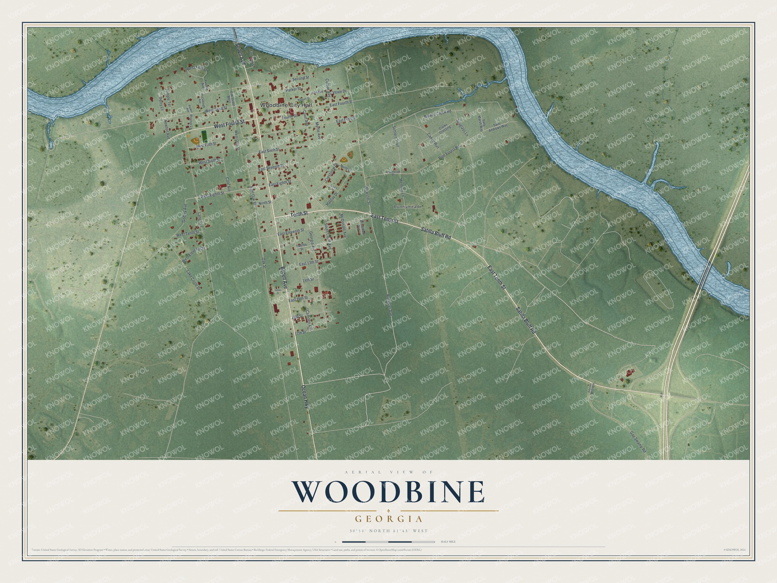 Watermarked full-map preview of Woodbine, Georgia