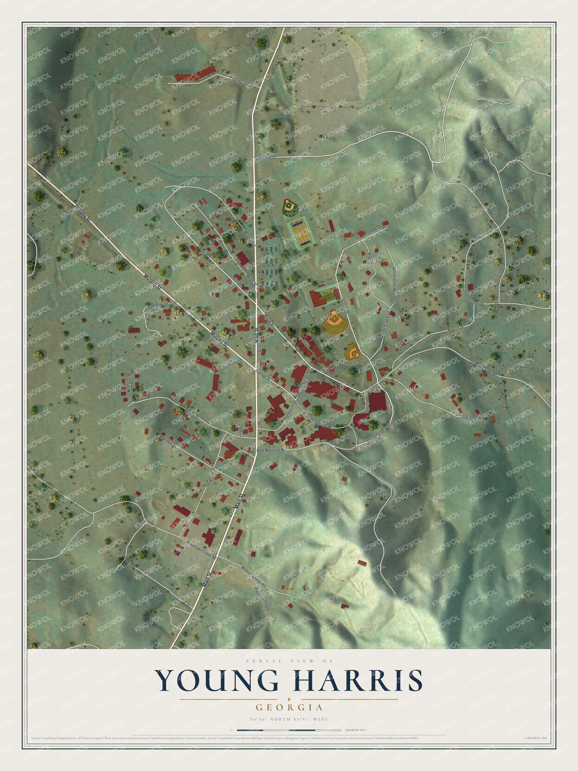 Watermarked full-map preview of Young Harris, Georgia