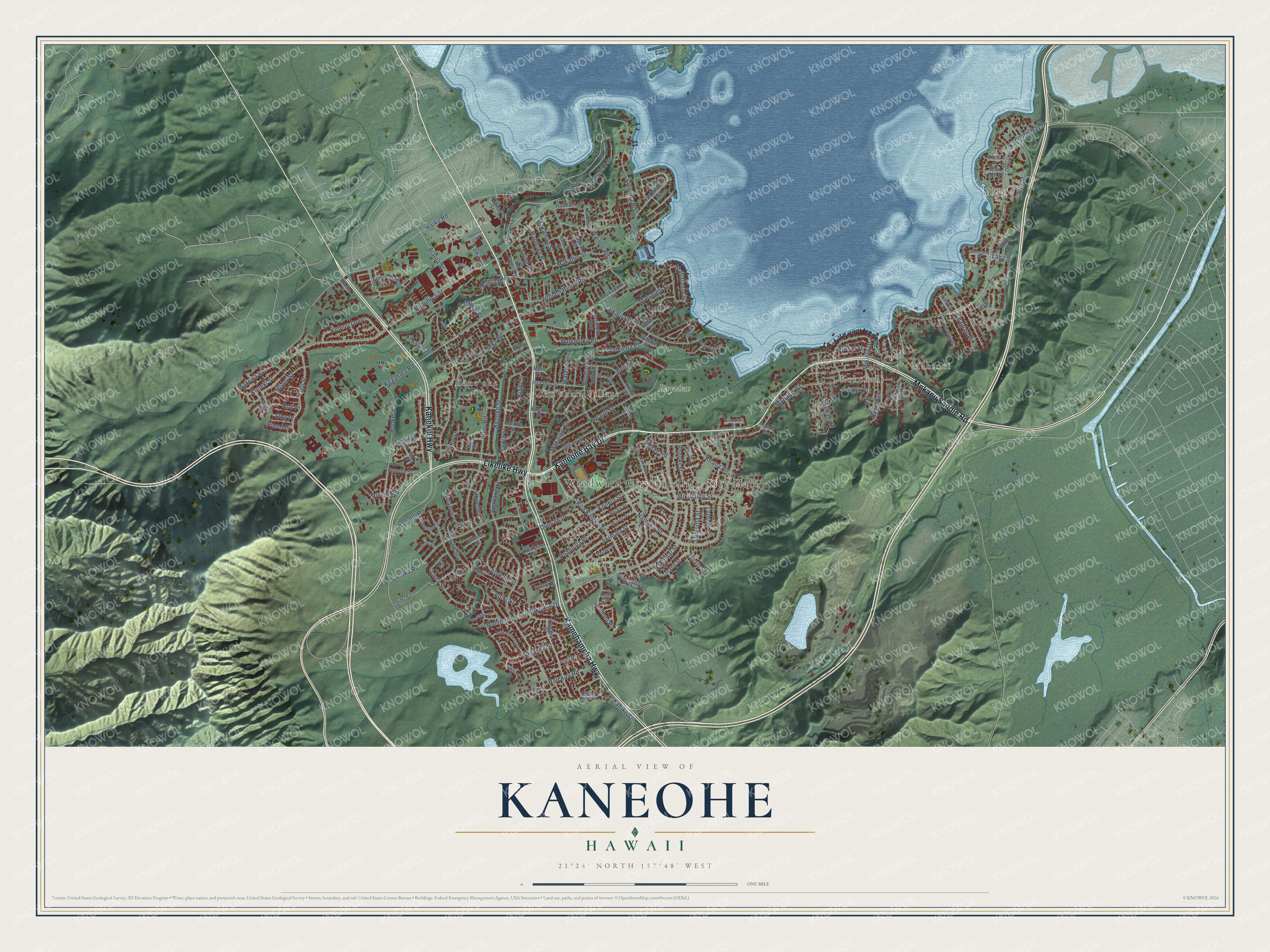 Watermarked full-map preview of Kaneohe, Hawaii