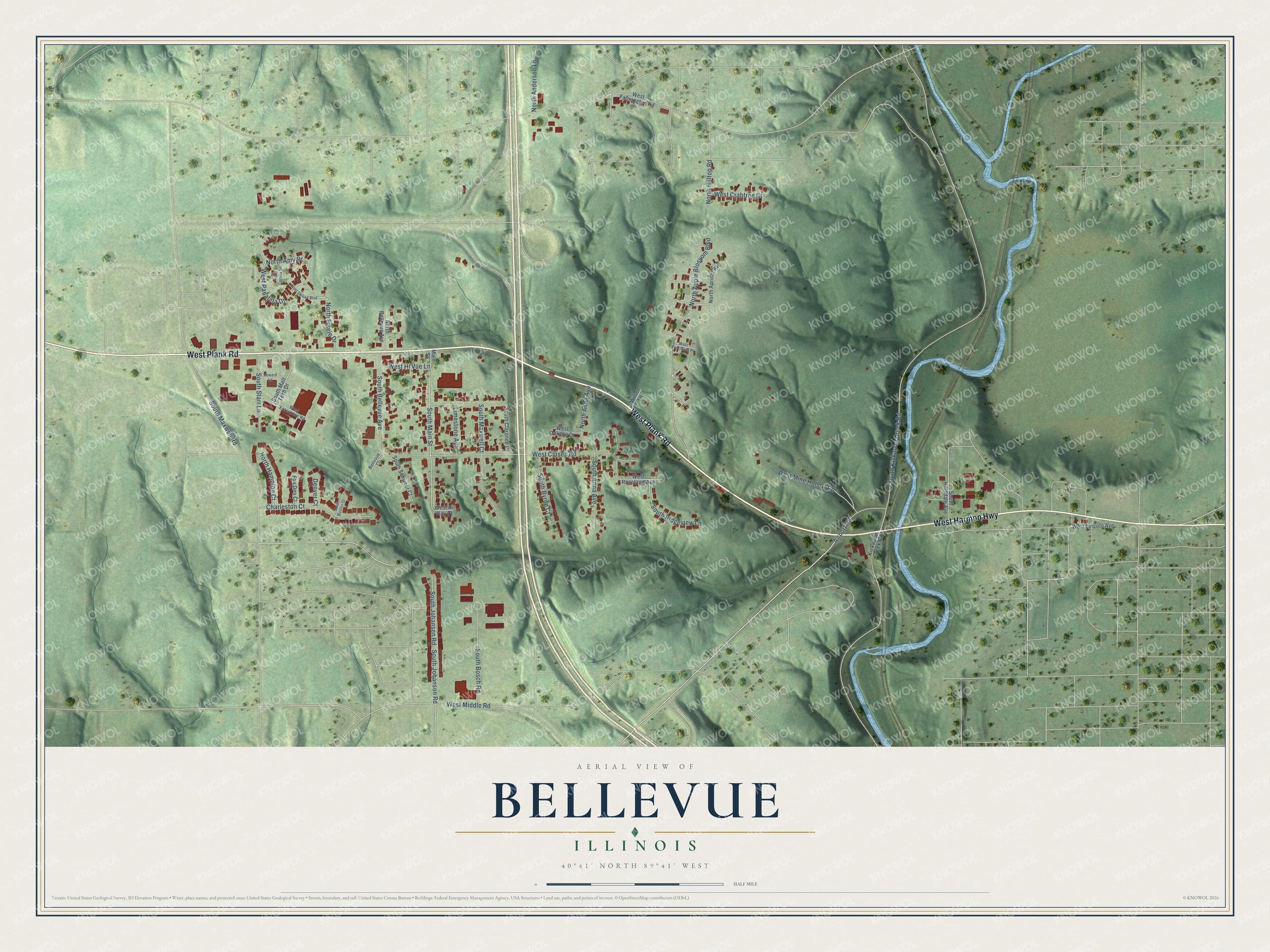 Watermarked full-map preview of Bellevue, Illinois