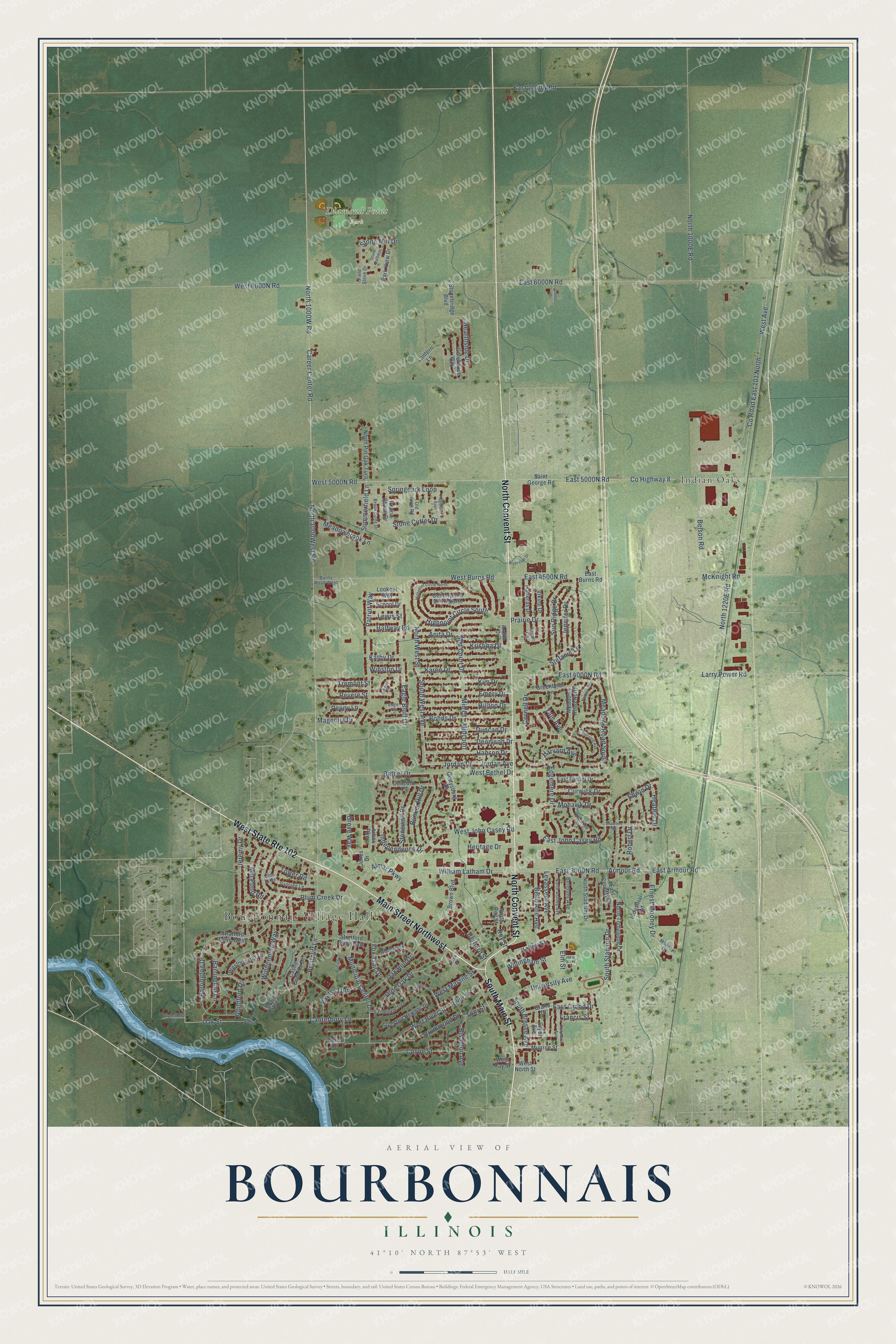 Watermarked full-map preview of Bourbonnais, Illinois