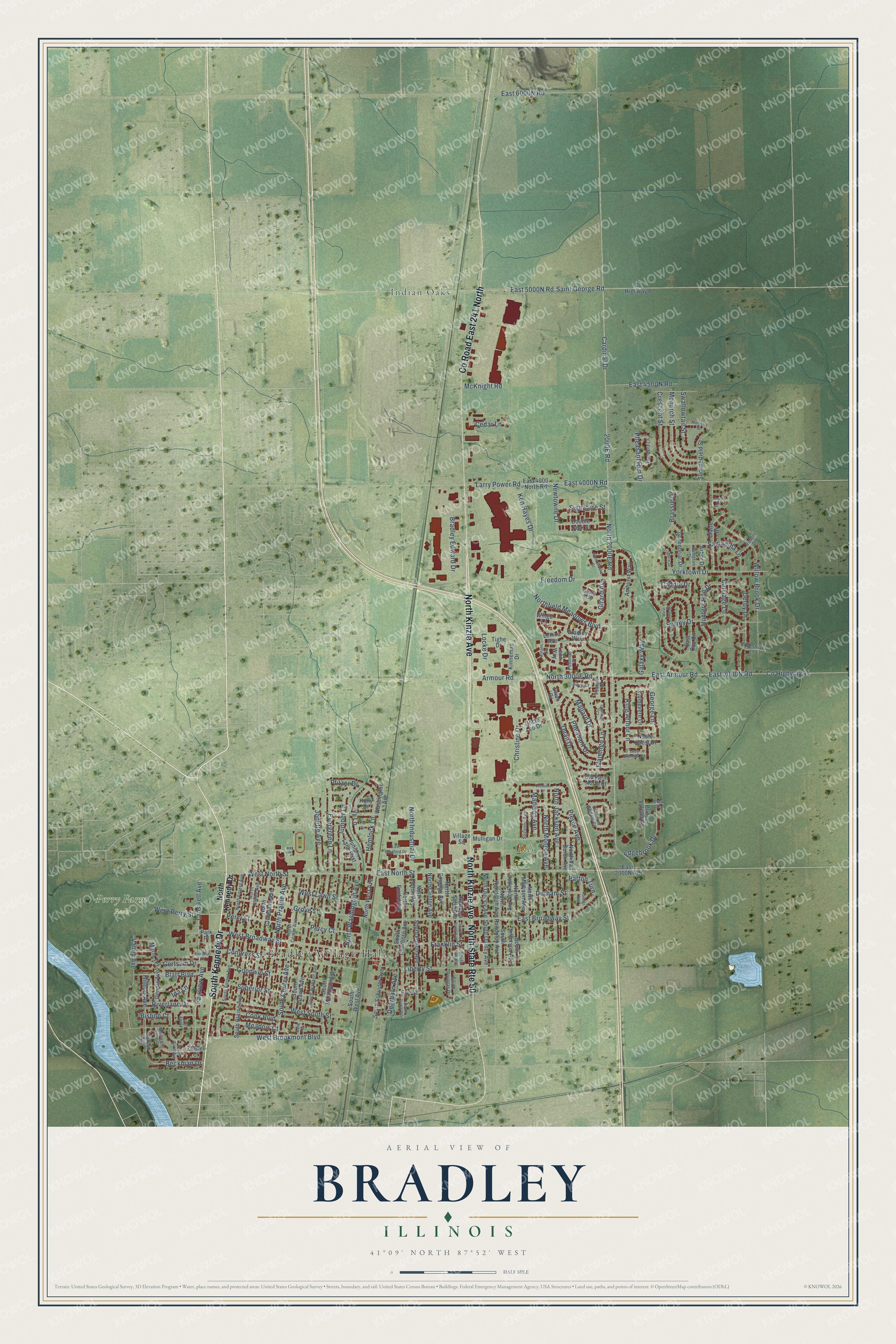 Watermarked full-map preview of Bradley, Illinois