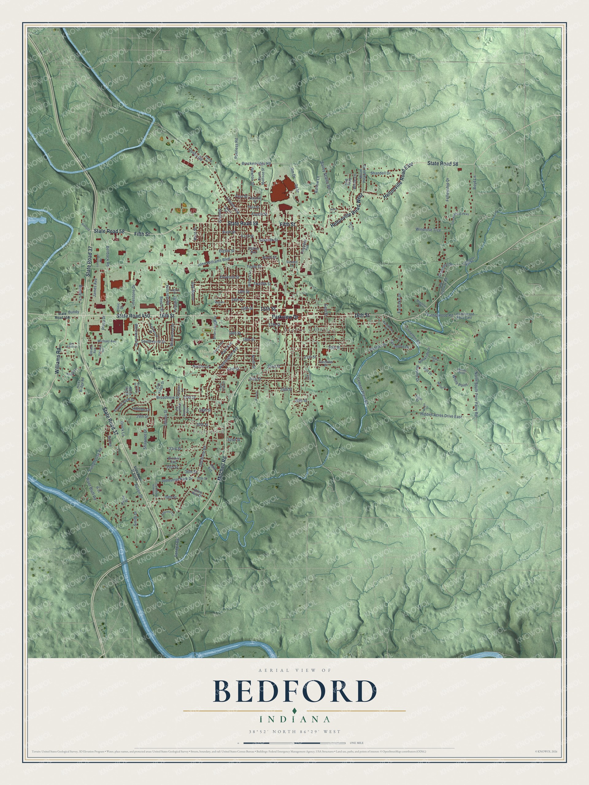 Watermarked full-map preview of Bedford, Indiana