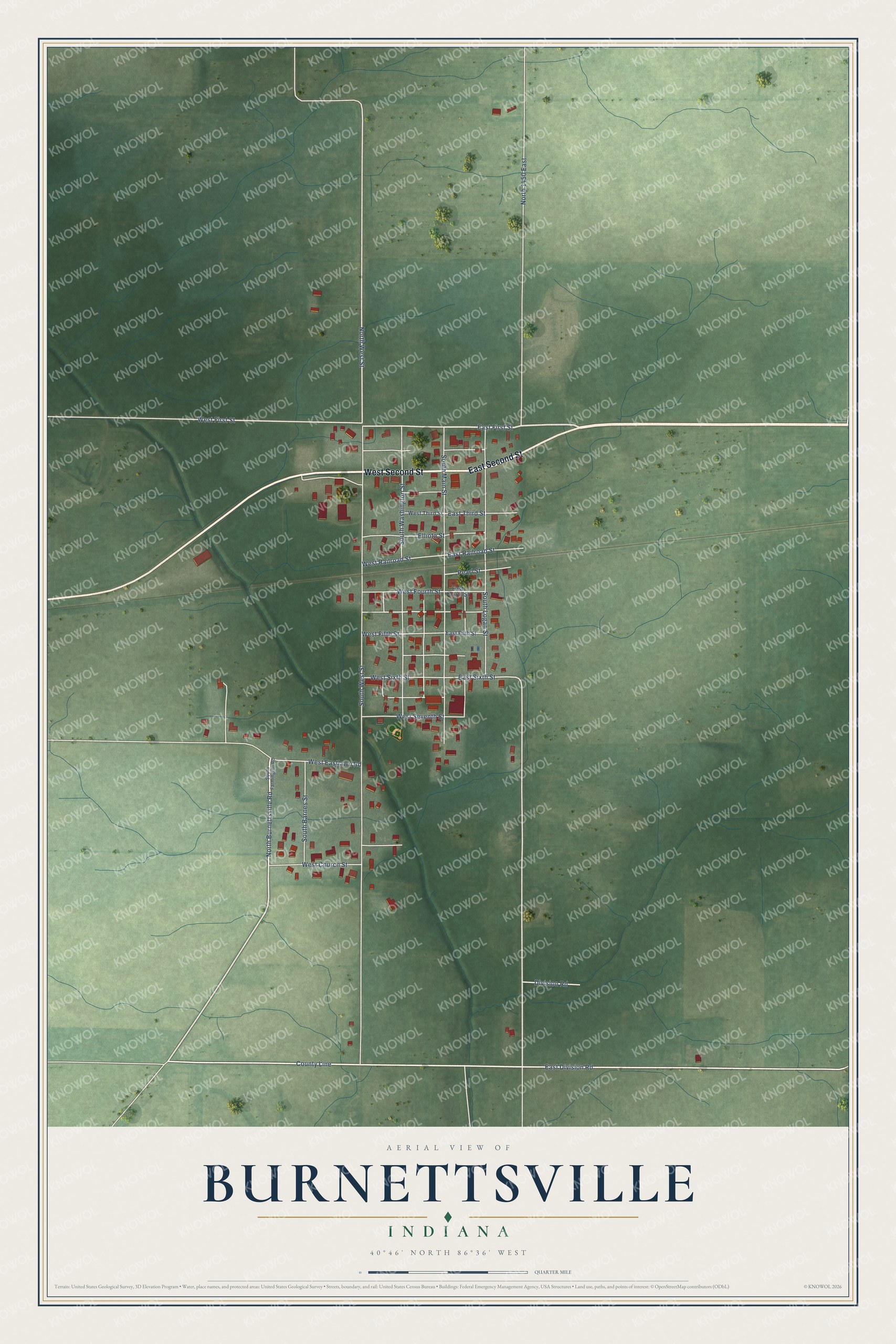 Watermarked full-map preview of Burnettsville, Indiana