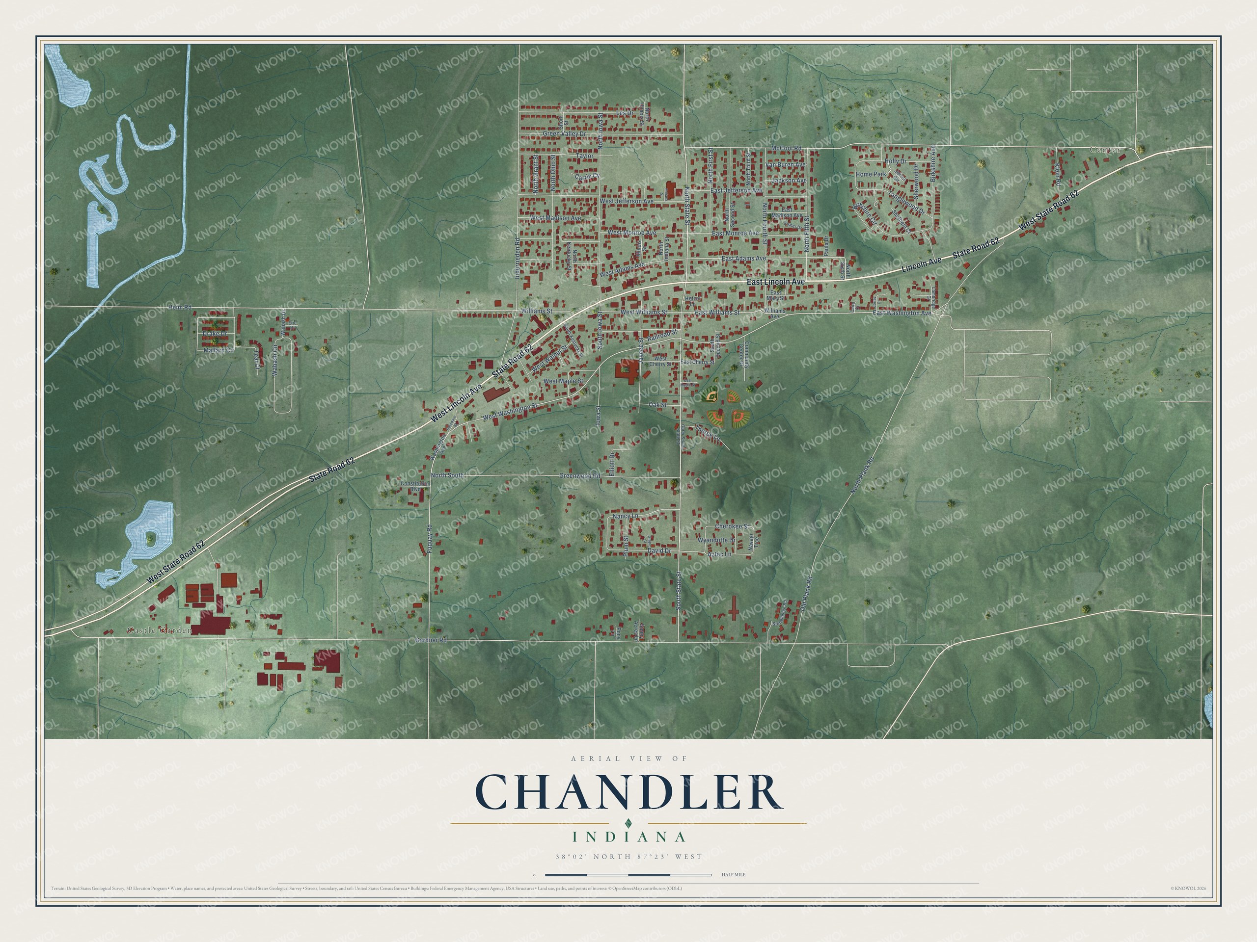 Watermarked full-map preview of Chandler, Indiana