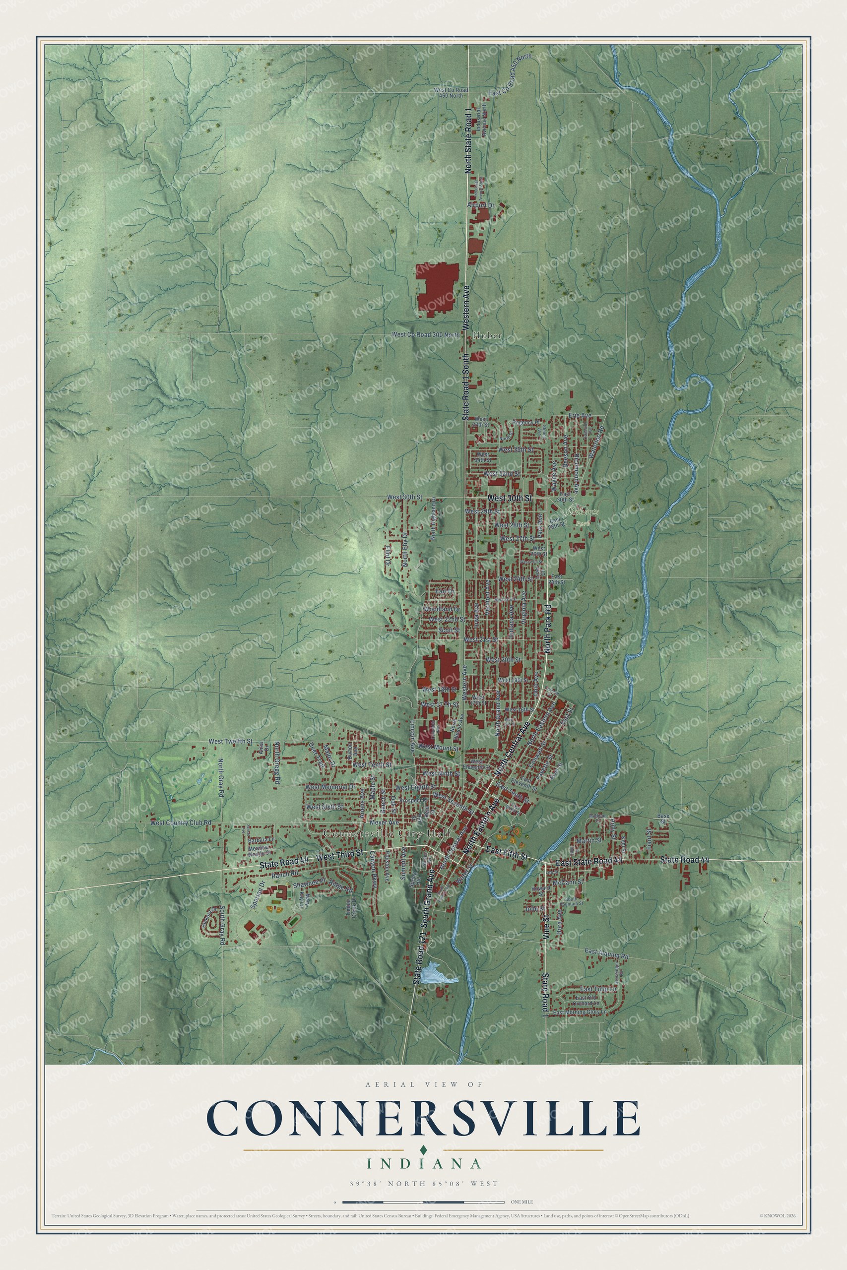 Watermarked full-map preview of Connersville, Indiana