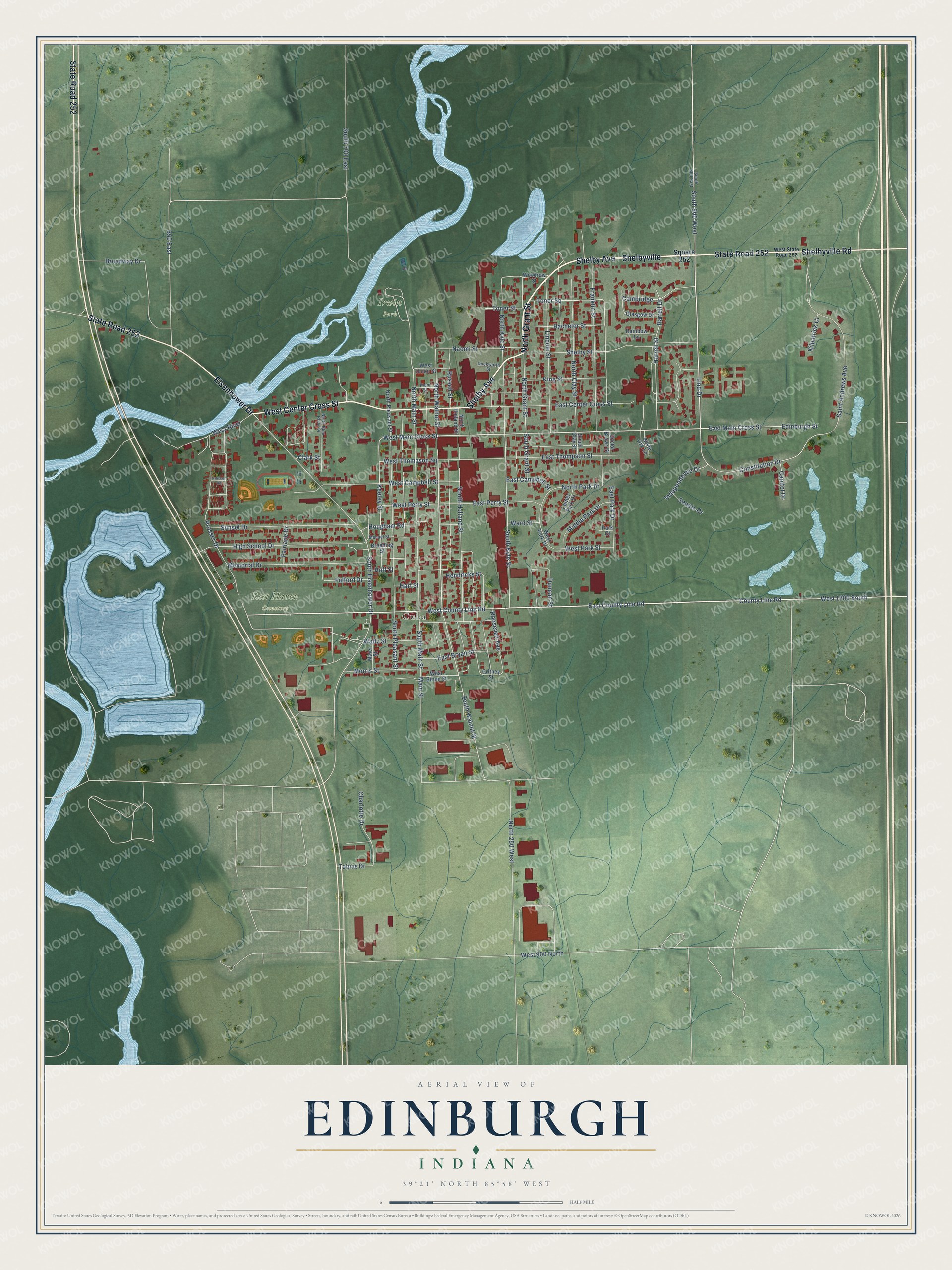 Watermarked full-map preview of Edinburgh, Indiana