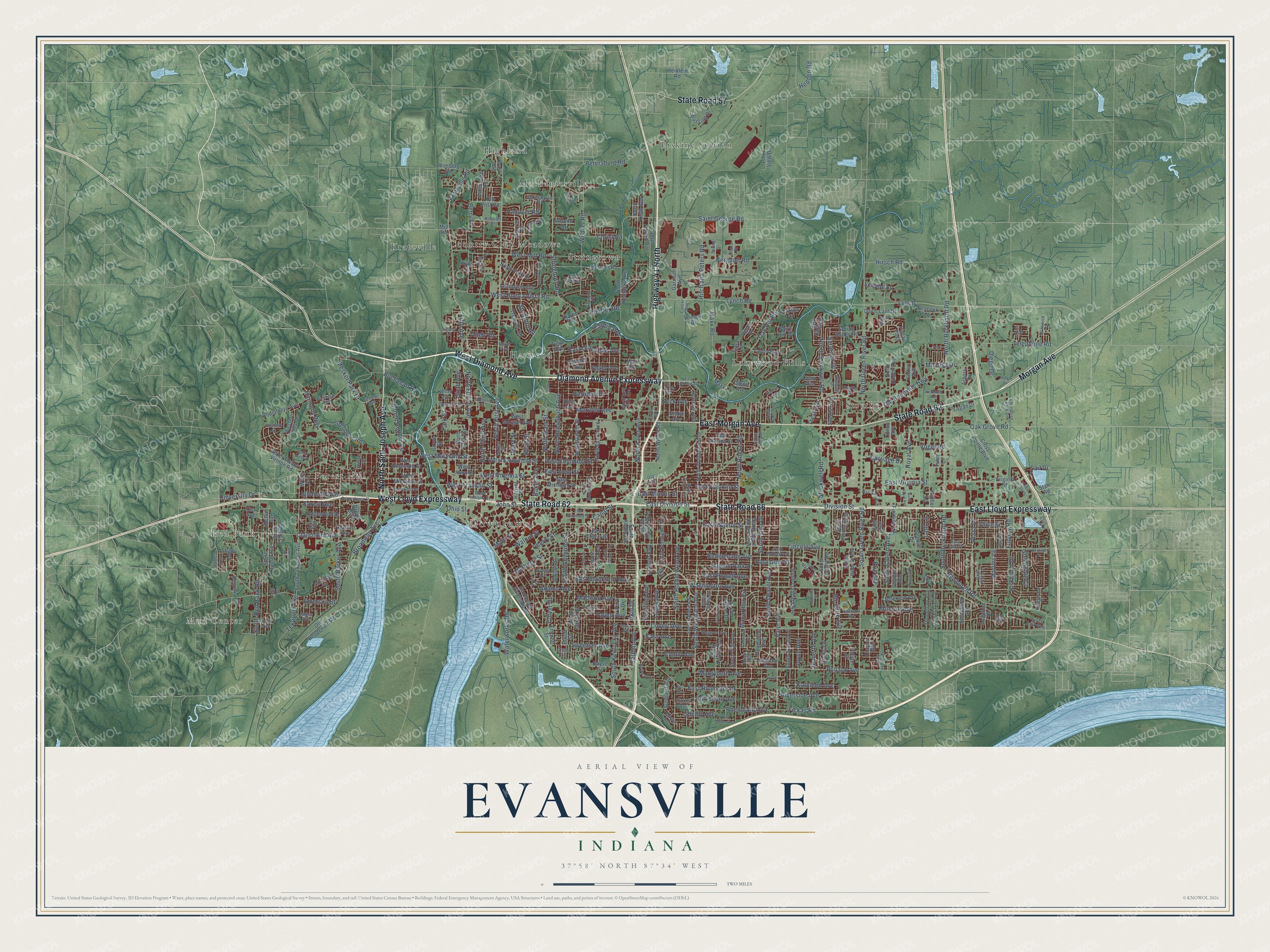 Watermarked full-map preview of Evansville, Indiana