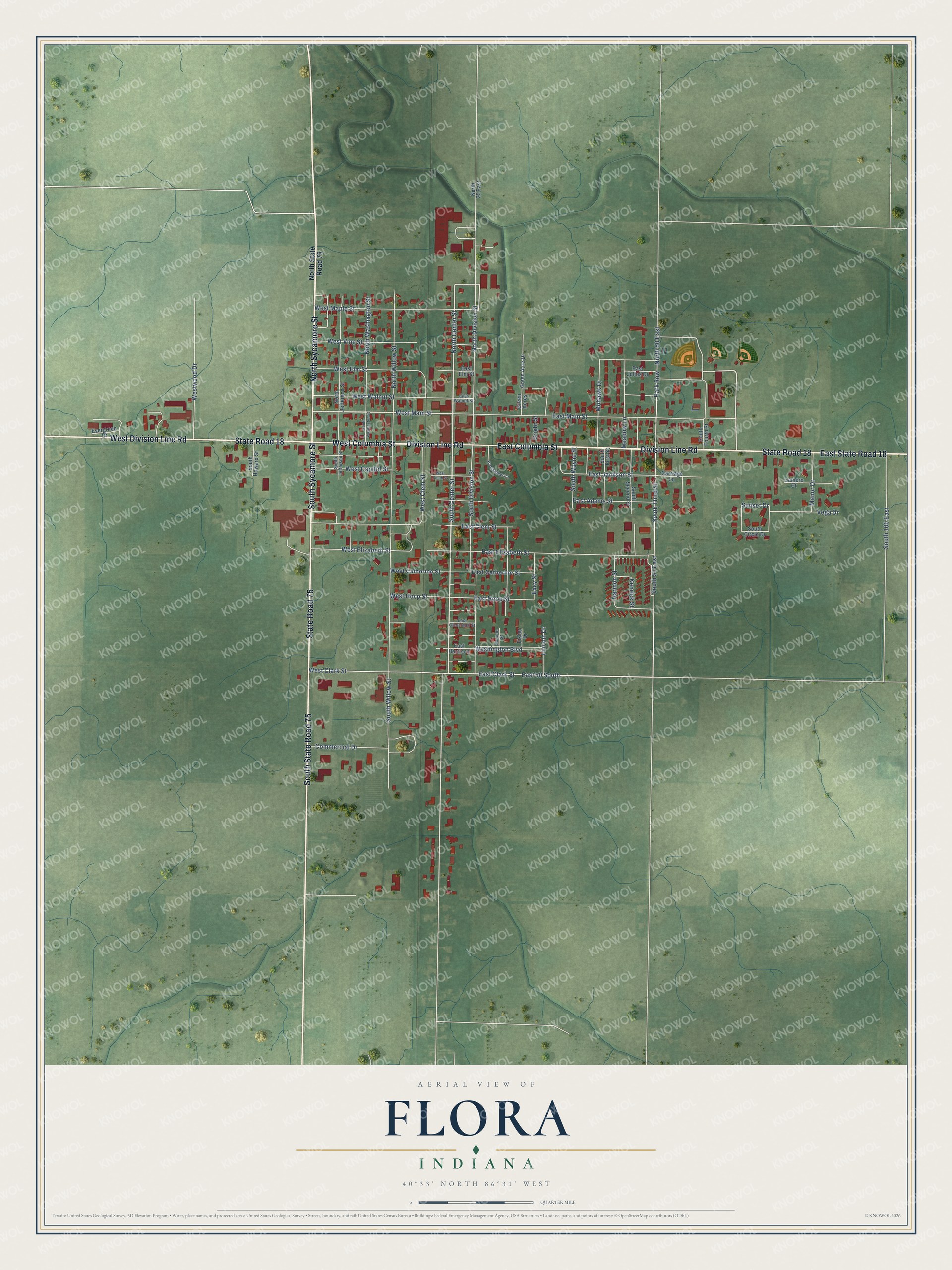 Watermarked full-map preview of Flora, Indiana