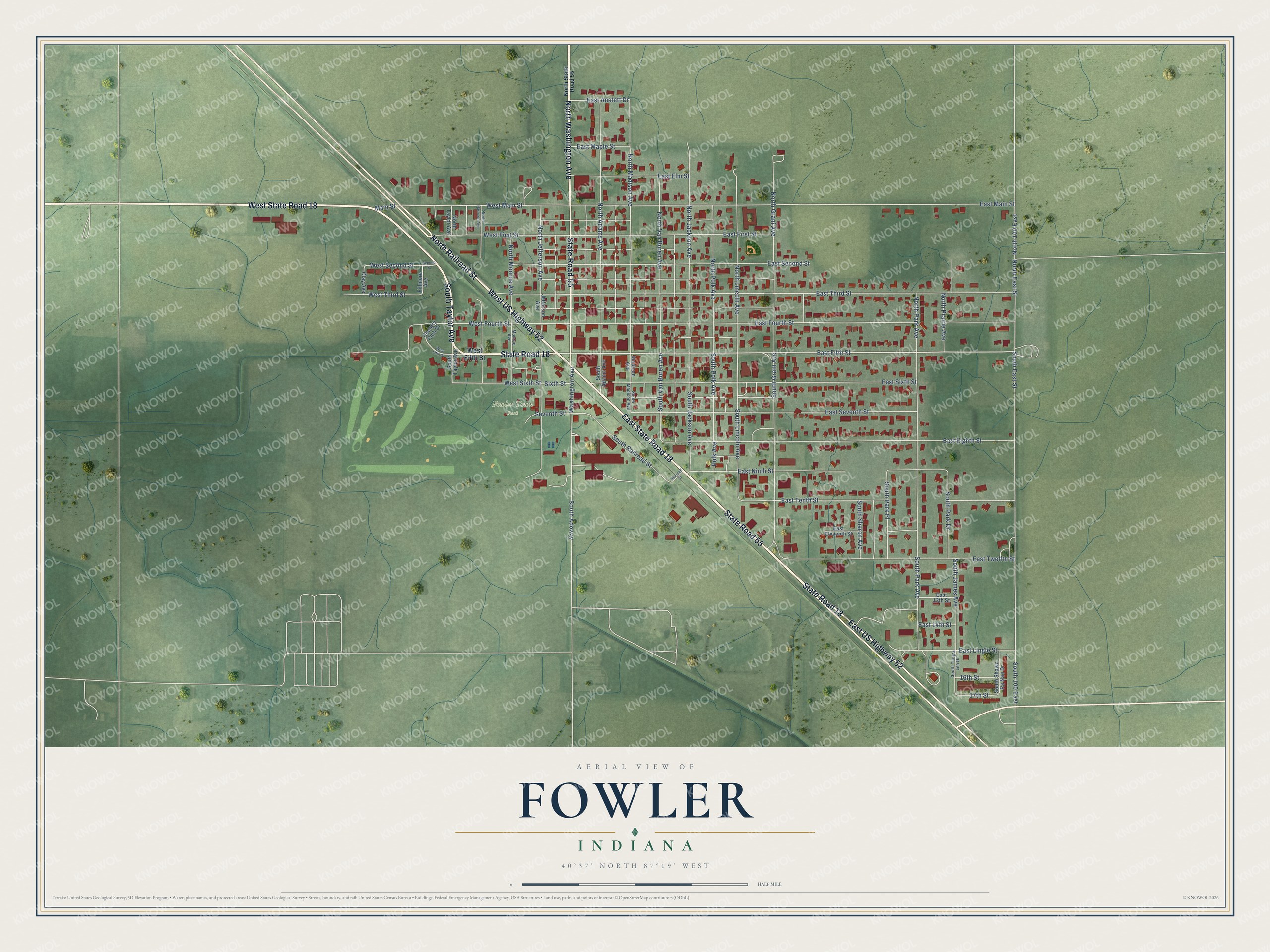 Watermarked full-map preview of Fowler, Indiana