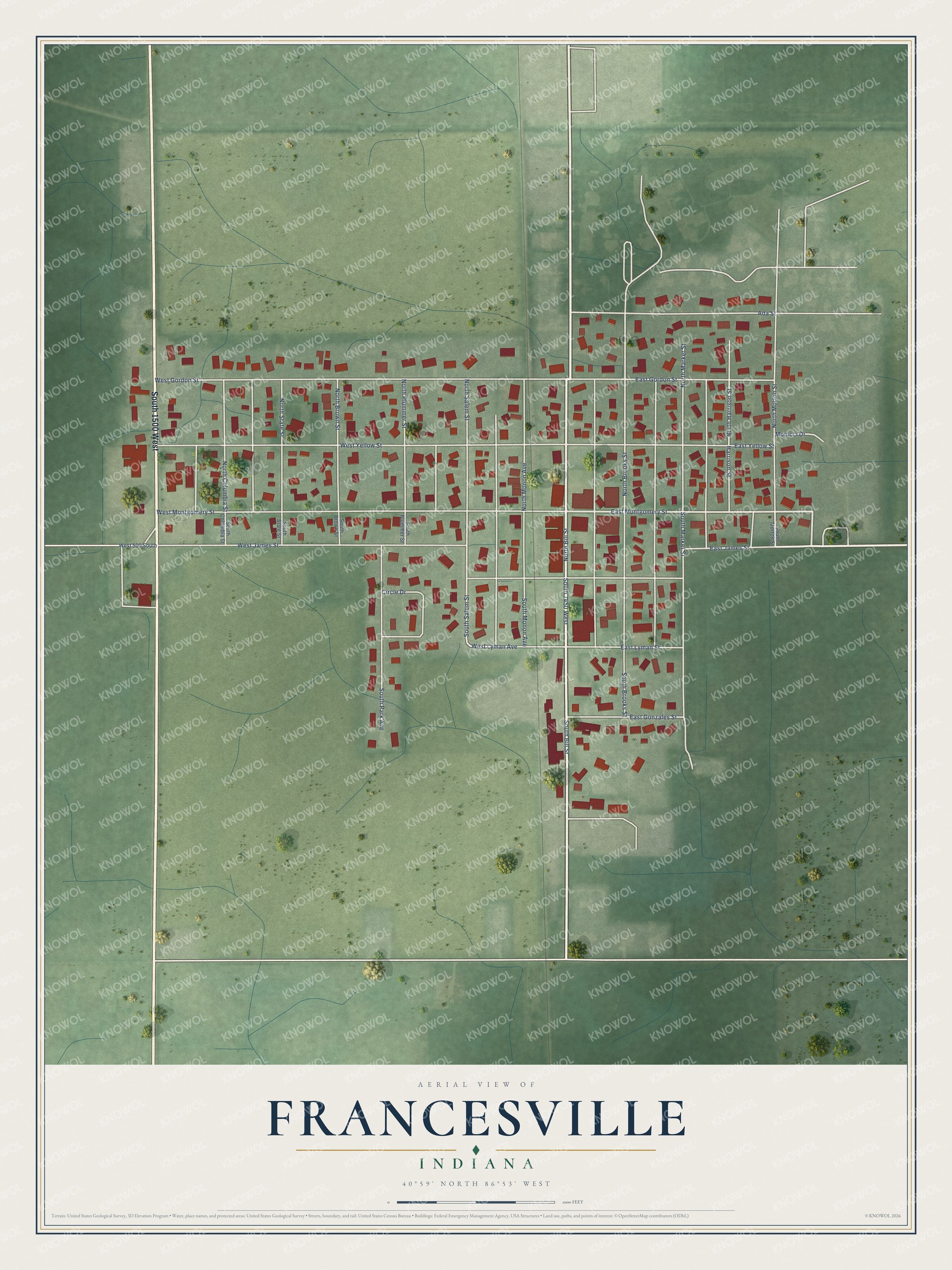 Watermarked full-map preview of Francesville, Indiana