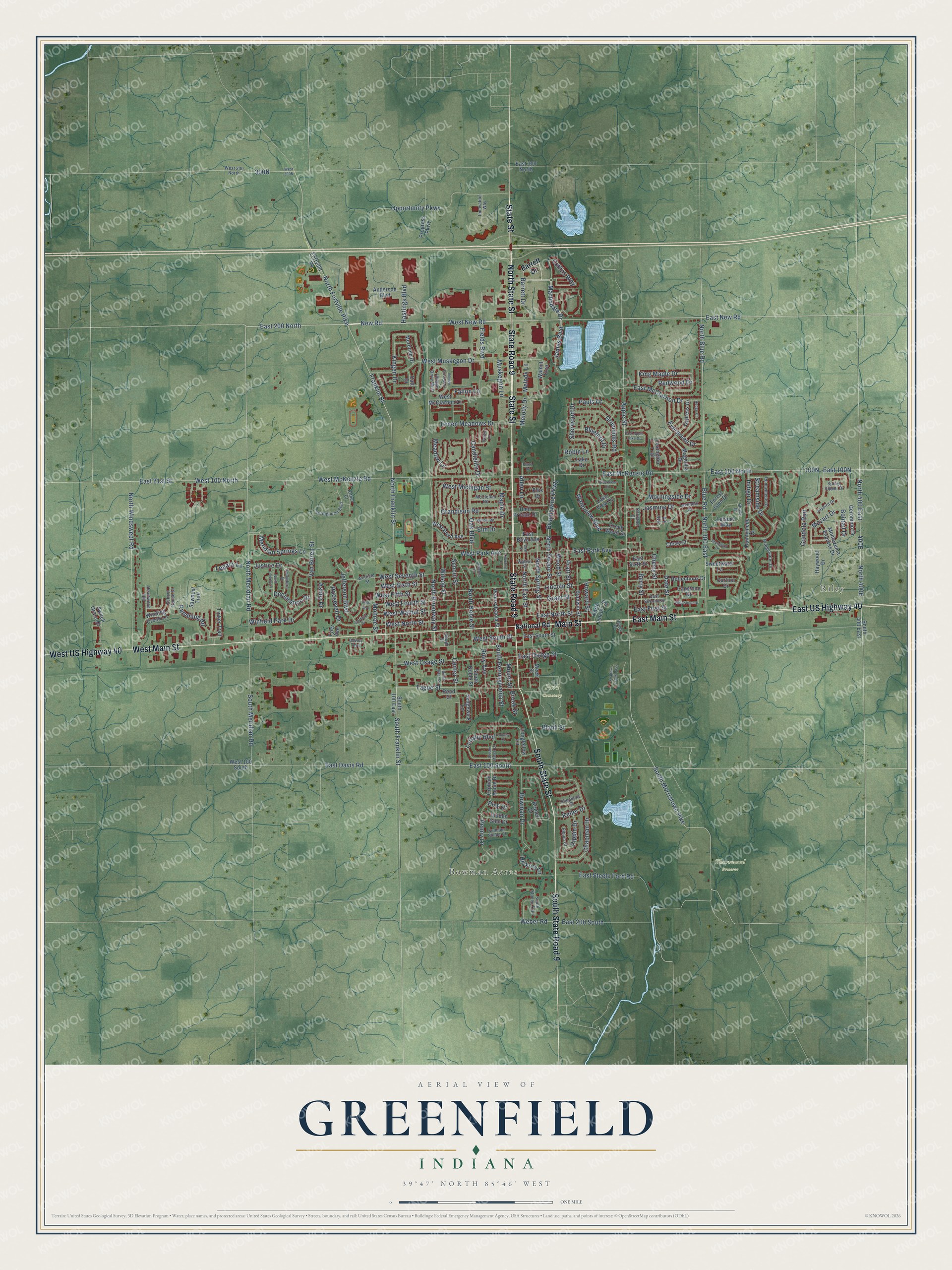 Watermarked full-map preview of Greenfield, Indiana