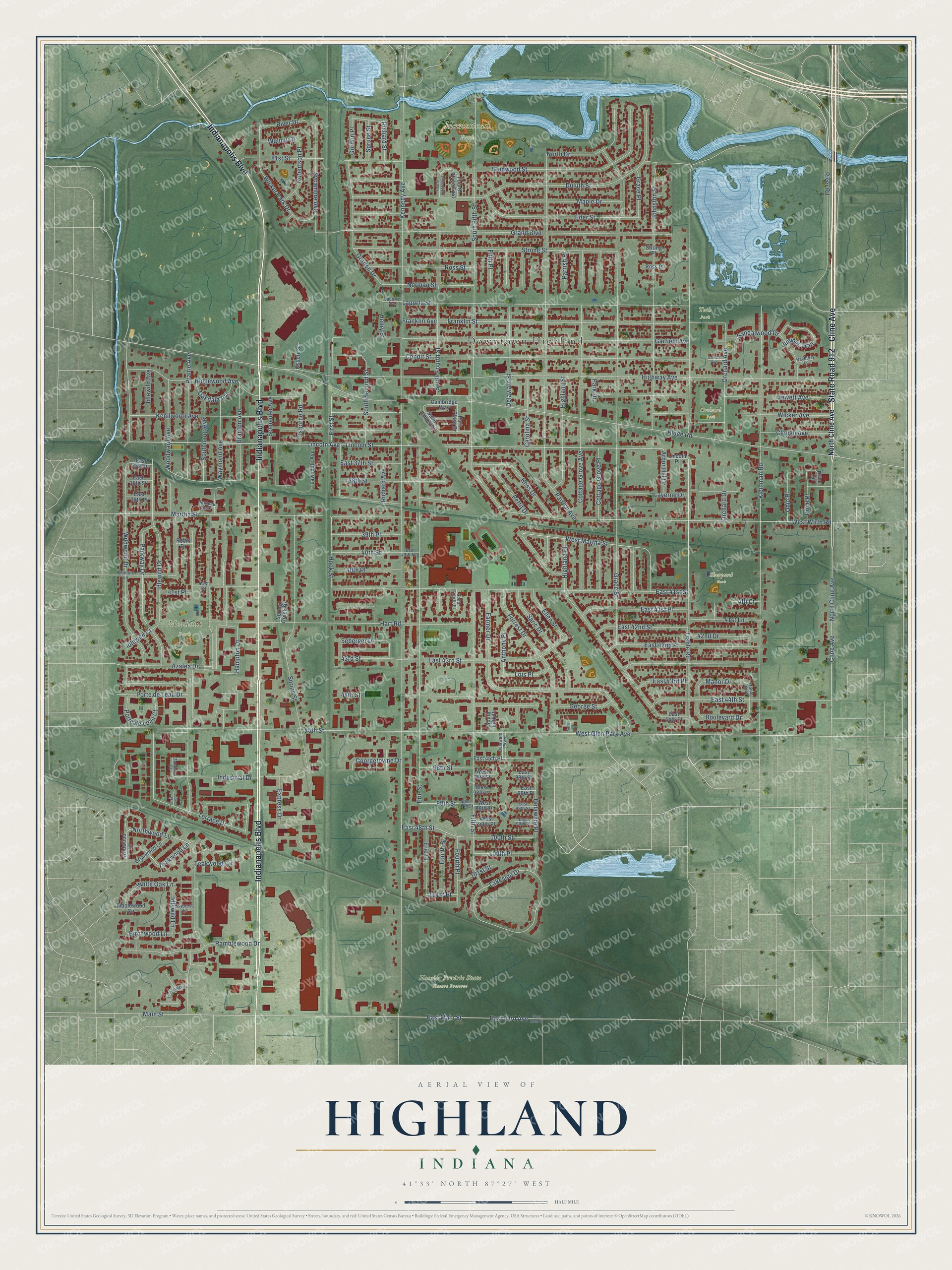 Watermarked full-map preview of Highland, Indiana