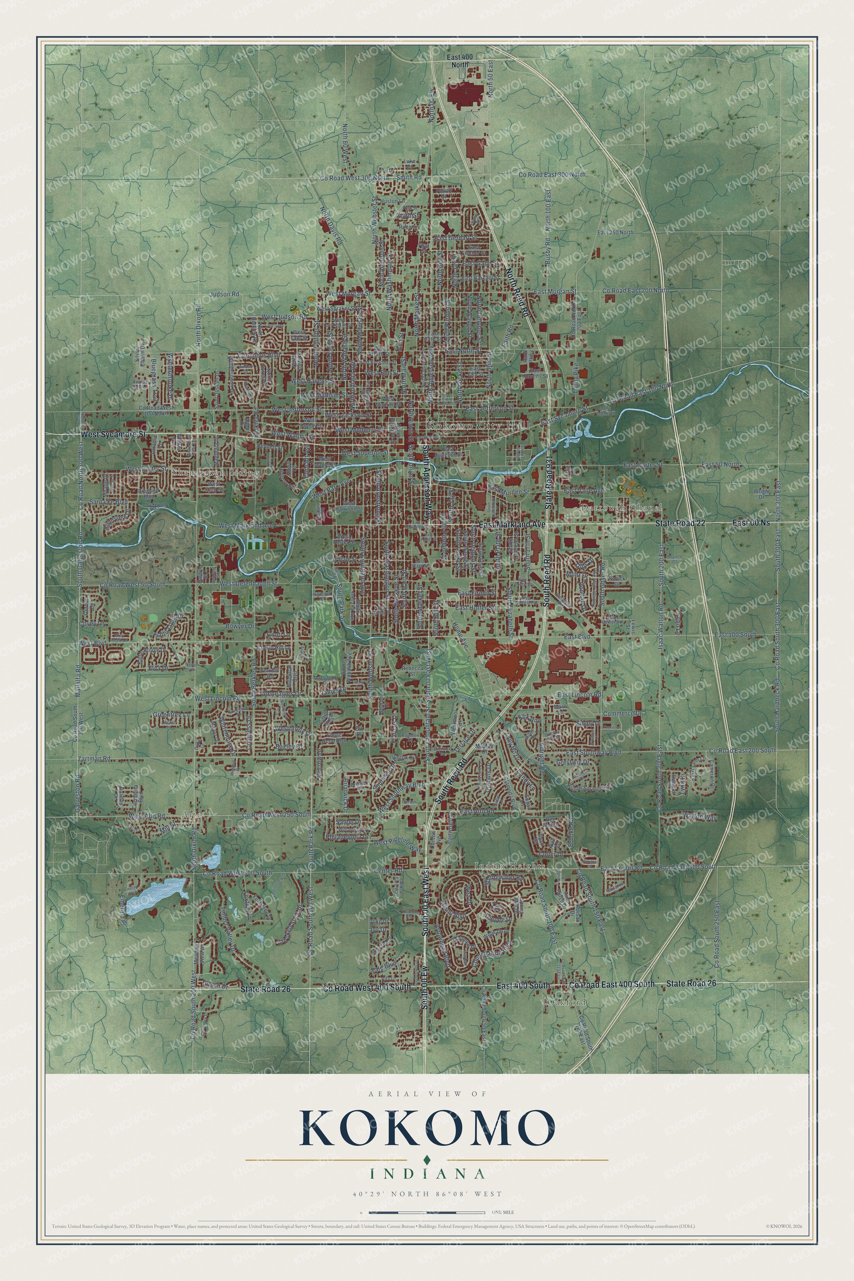 Watermarked full-map preview of Kokomo, Indiana