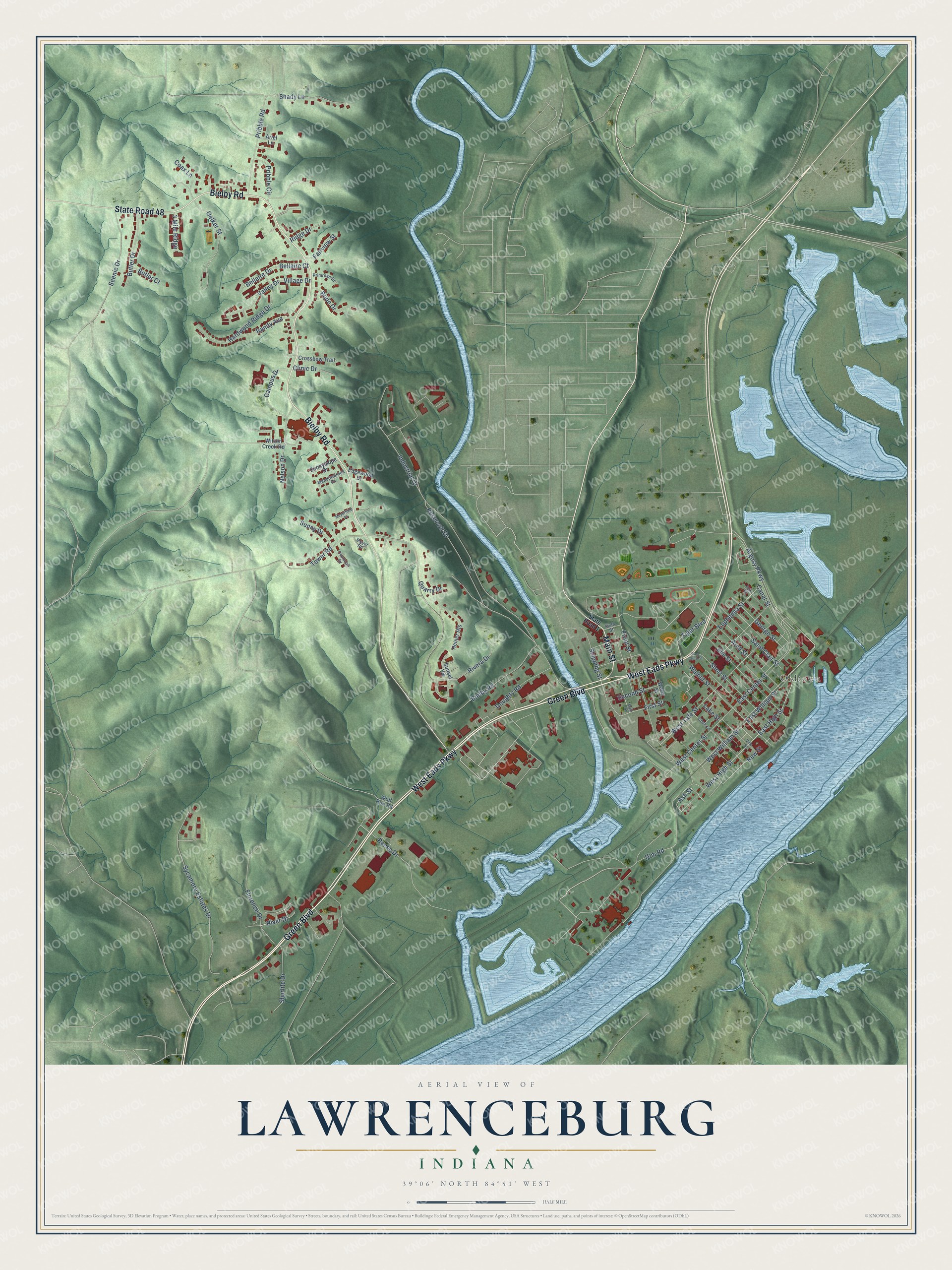 Watermarked full-map preview of Lawrenceburg, Indiana