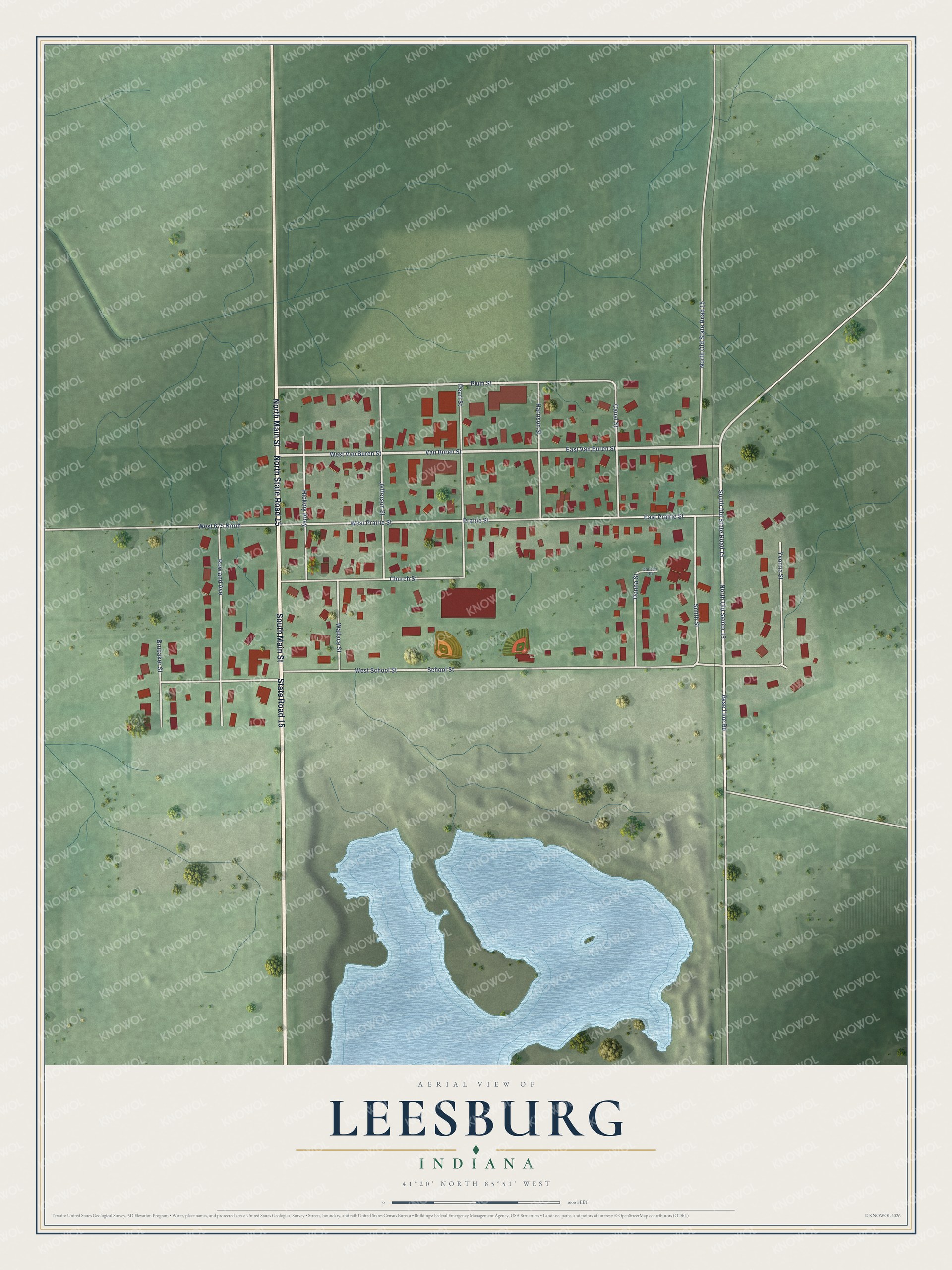 Watermarked full-map preview of Leesburg, Indiana