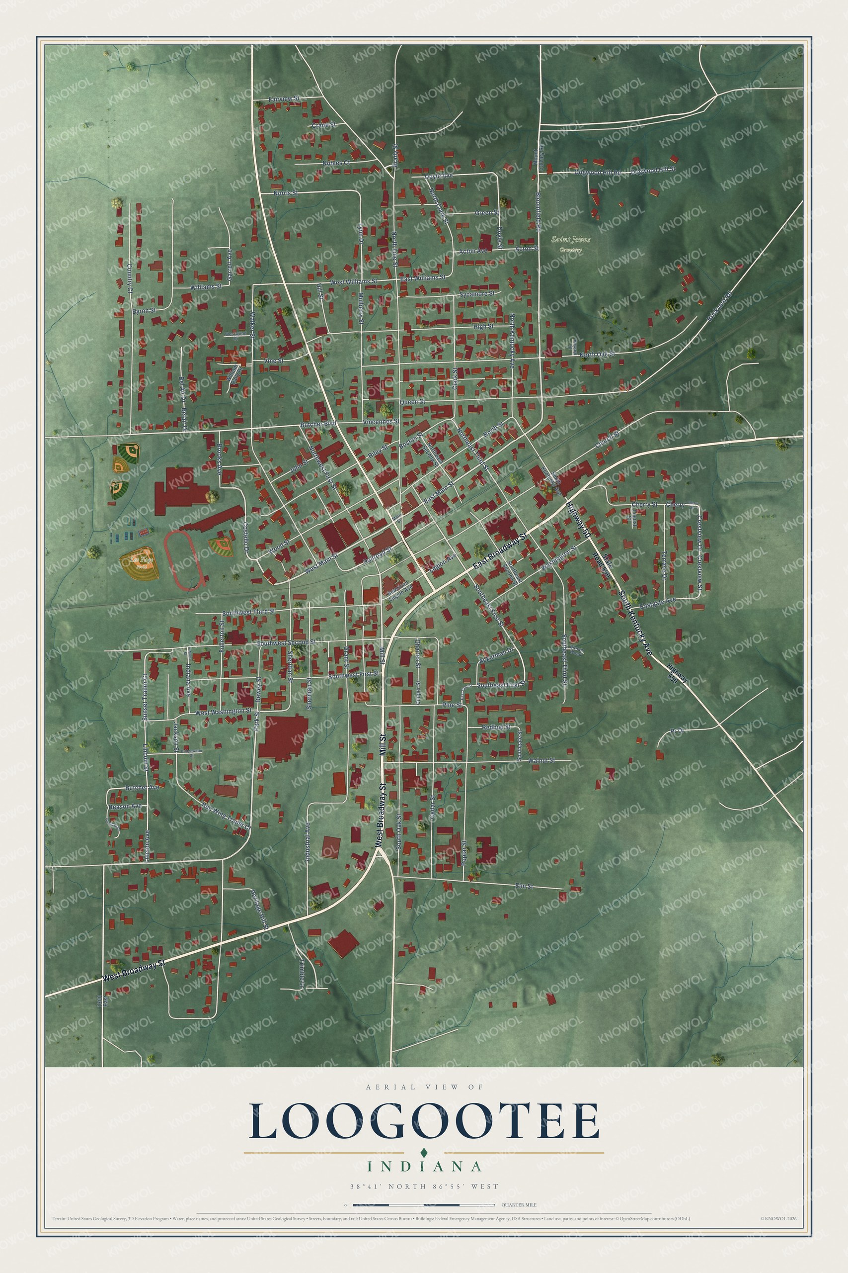 Watermarked full-map preview of Loogootee, Indiana