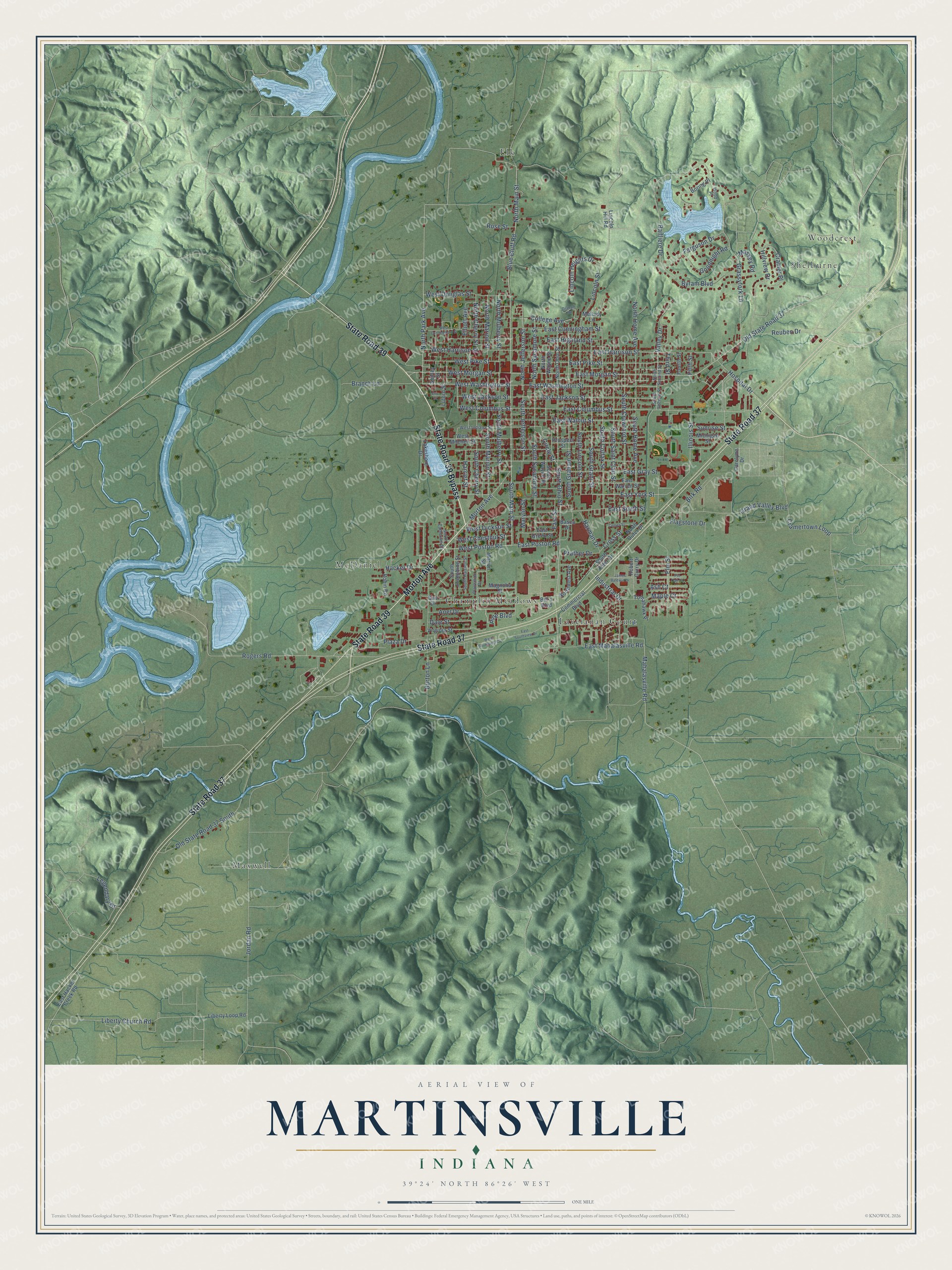Watermarked full-map preview of Martinsville, Indiana