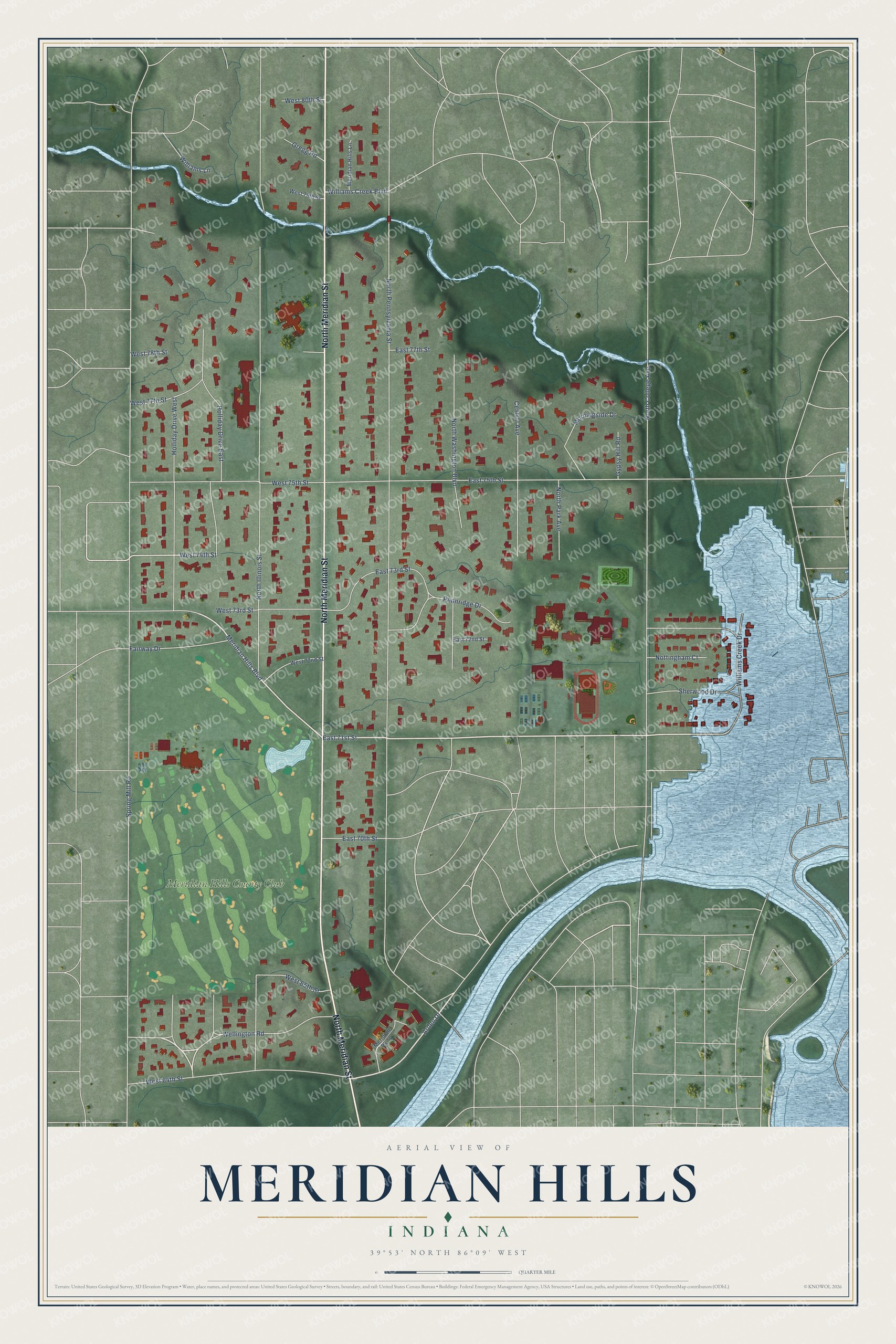 Watermarked full-map preview of Meridian Hills, Indiana