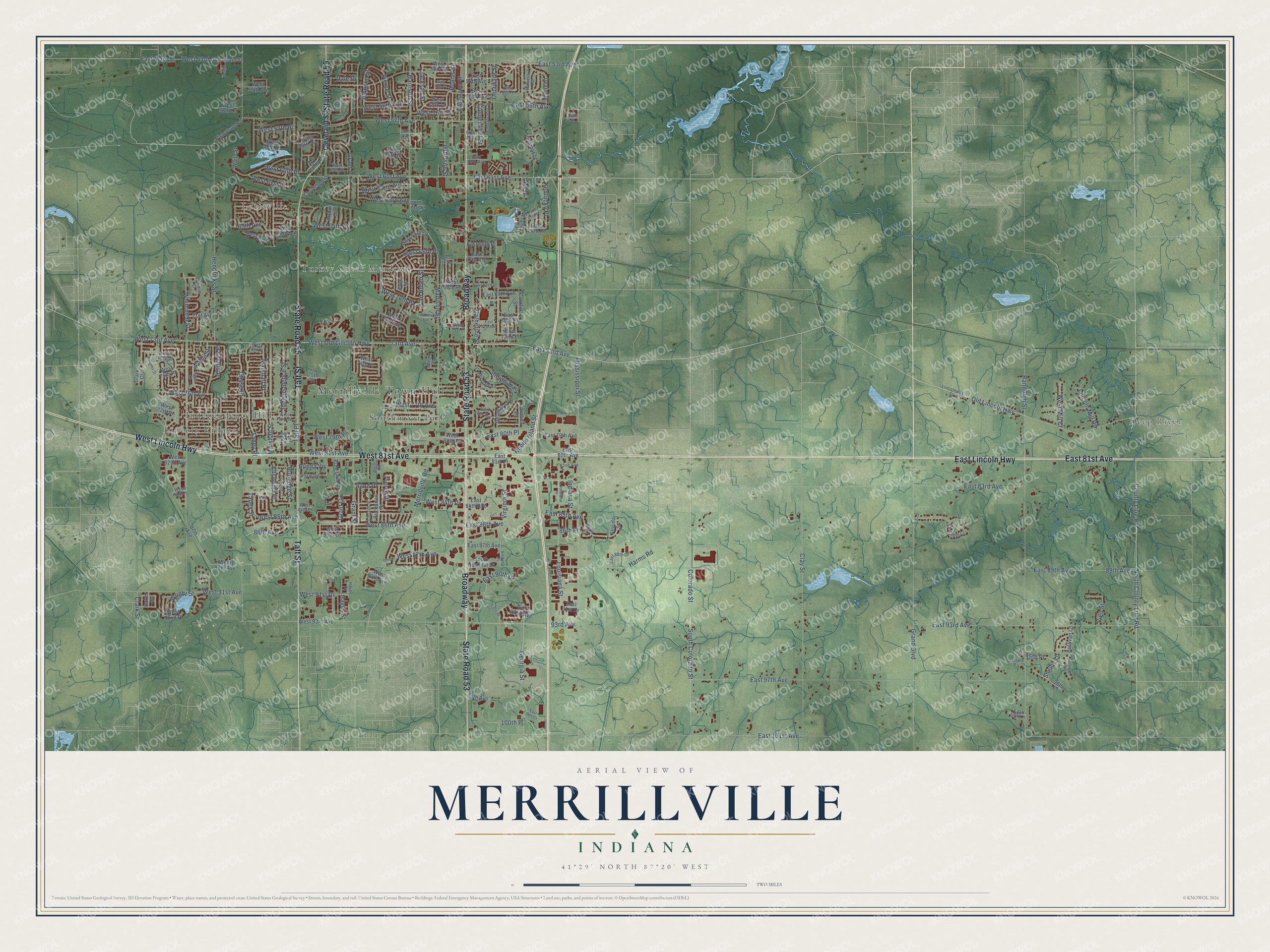 Watermarked full-map preview of Merrillville, Indiana