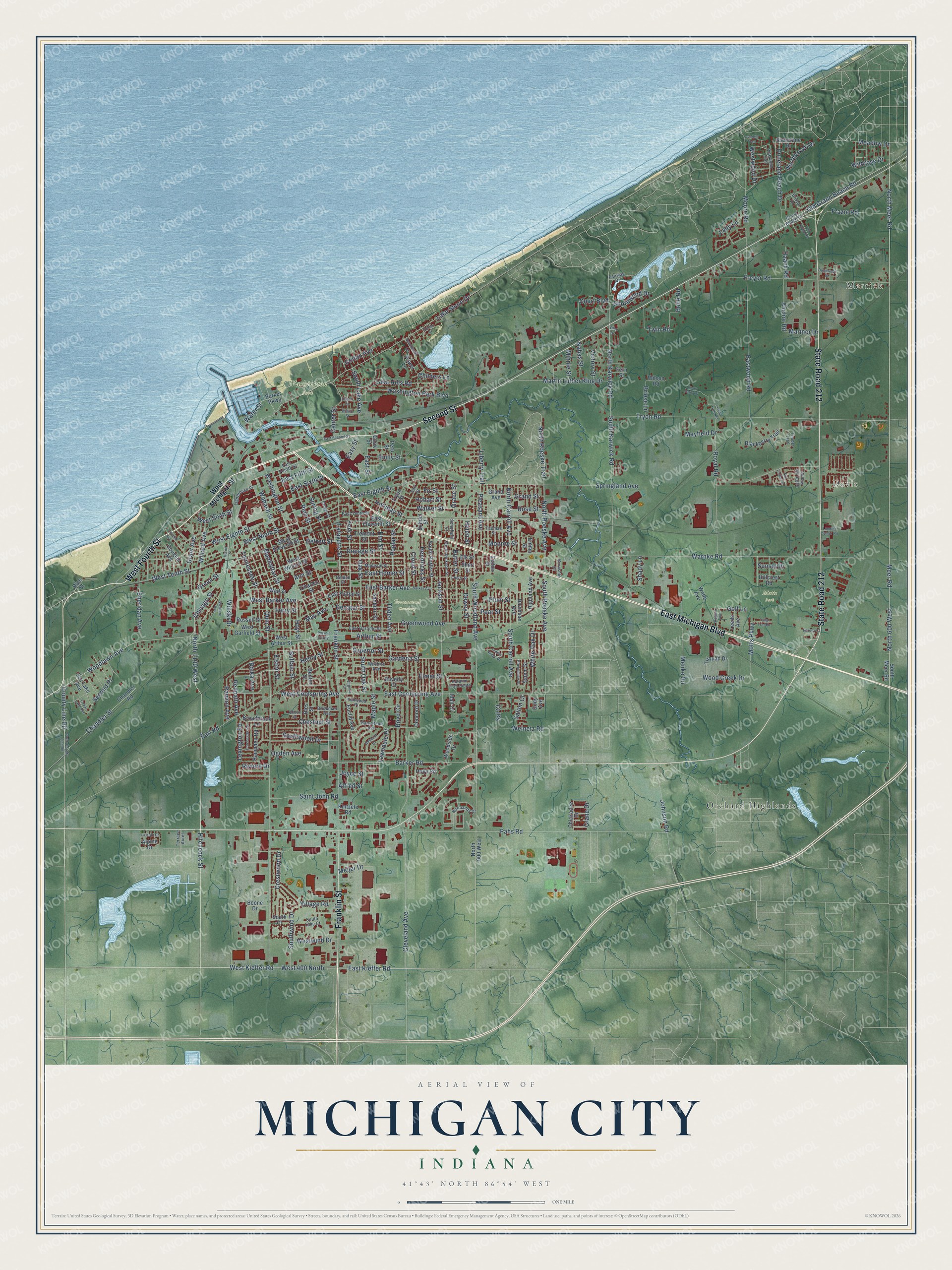 Watermarked full-map preview of Michigan City, Indiana