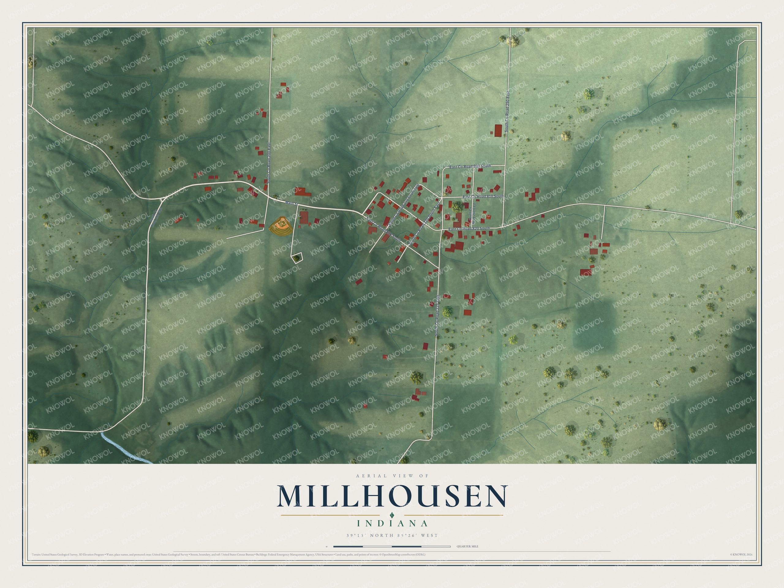 Watermarked full-map preview of Millhousen, Indiana