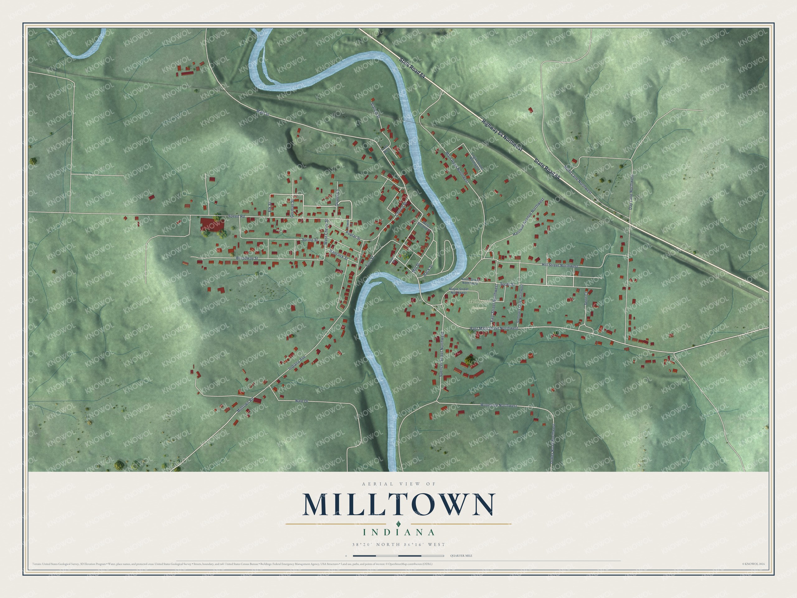 Watermarked full-map preview of Milltown, Indiana