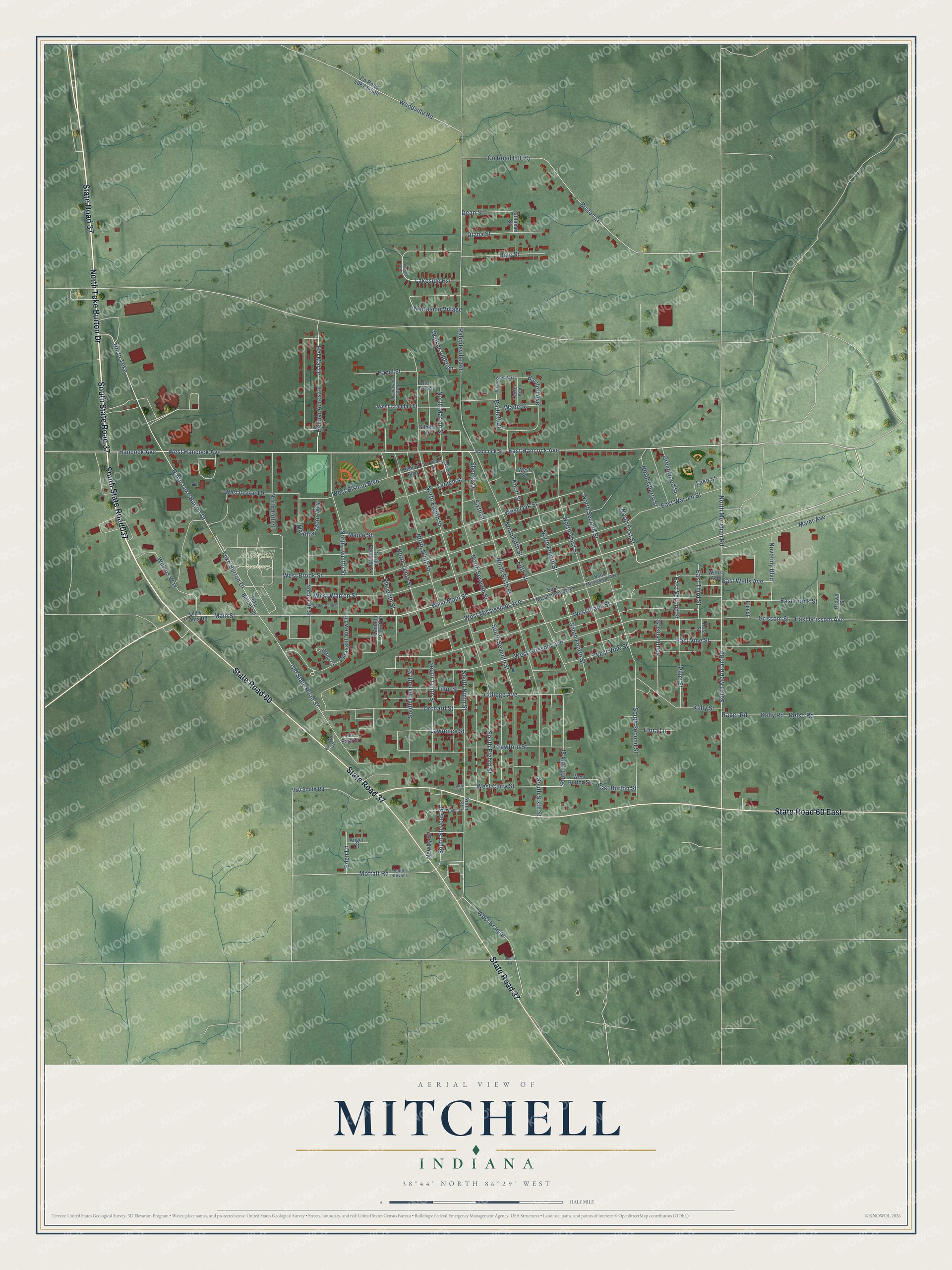 Watermarked full-map preview of Mitchell, Indiana