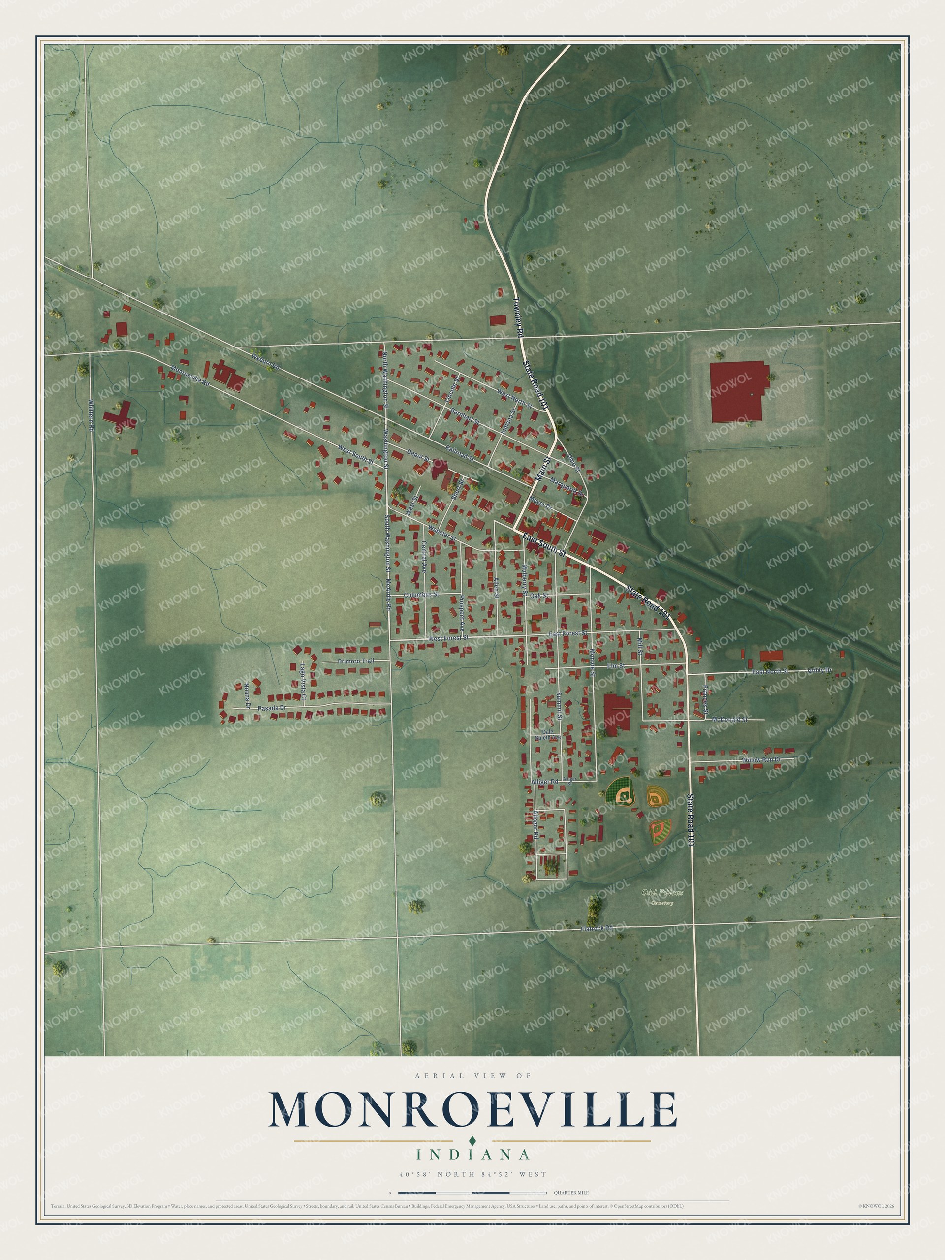 Watermarked full-map preview of Monroeville, Indiana