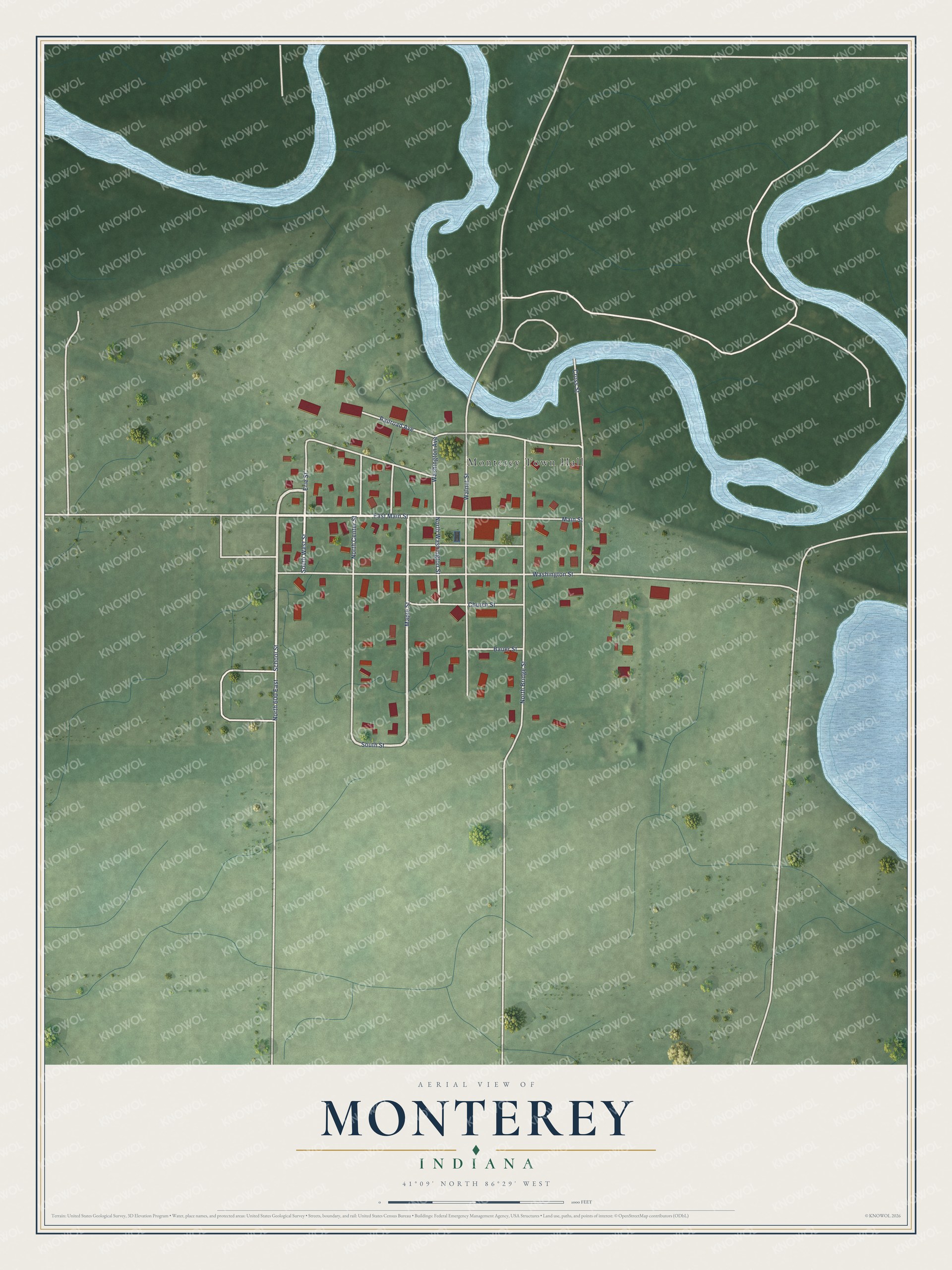 Watermarked full-map preview of Monterey, Indiana