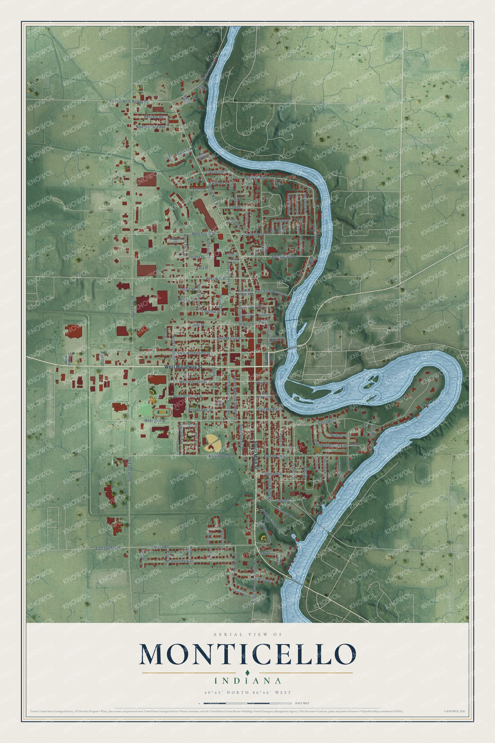Watermarked full-map preview of Monticello, Indiana
