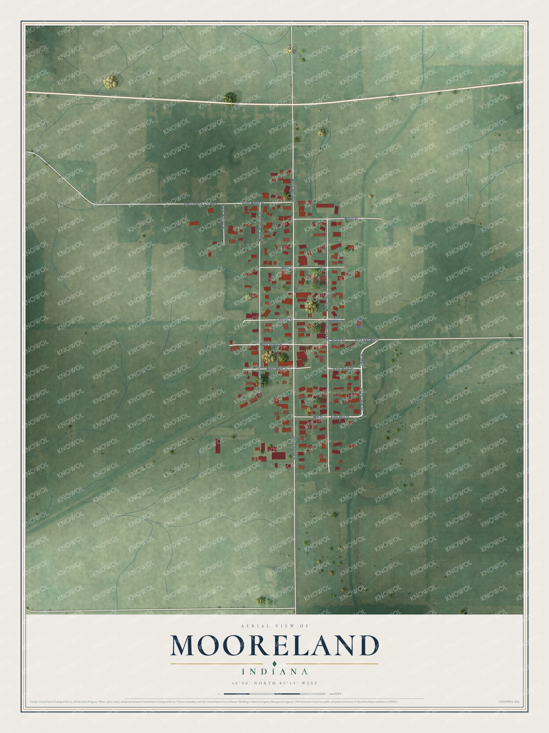 Watermarked full-map preview of Mooreland, Indiana