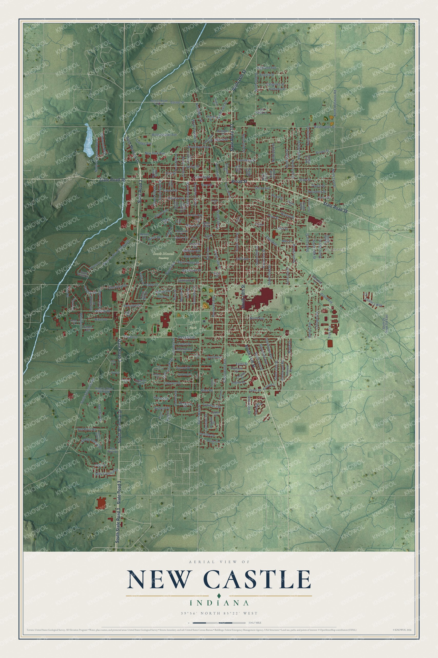 Watermarked full-map preview of New Castle, Indiana
