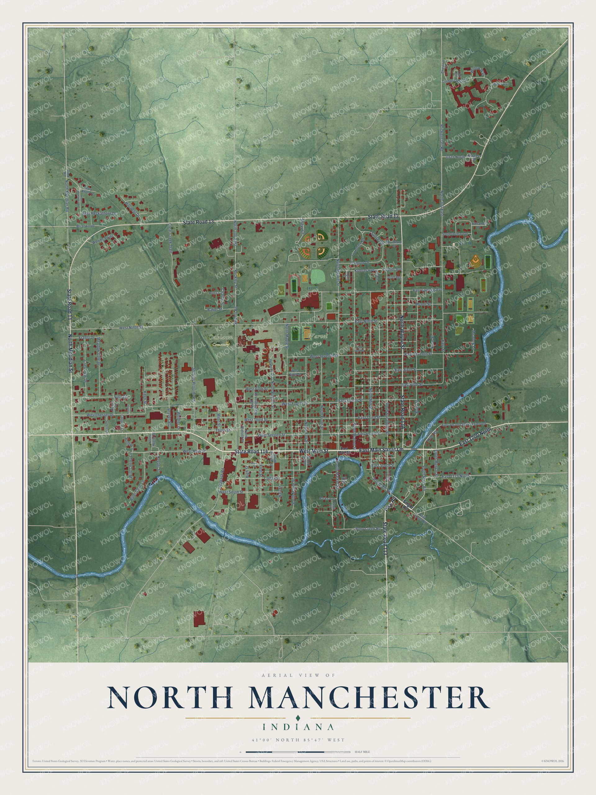 Watermarked full-map preview of North Manchester, Indiana
