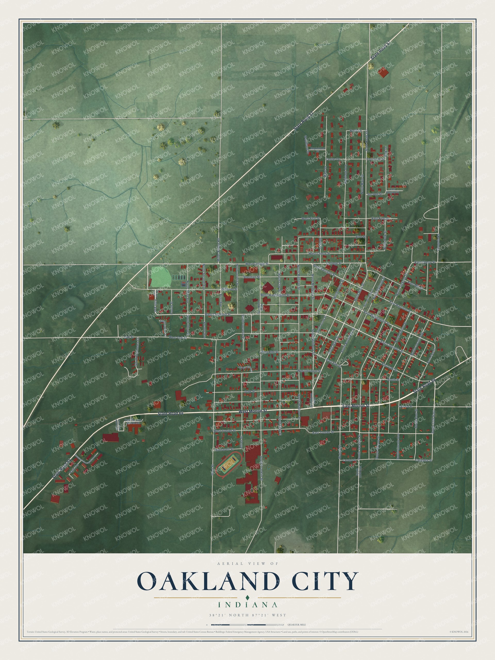 Watermarked full-map preview of Oakland City, Indiana