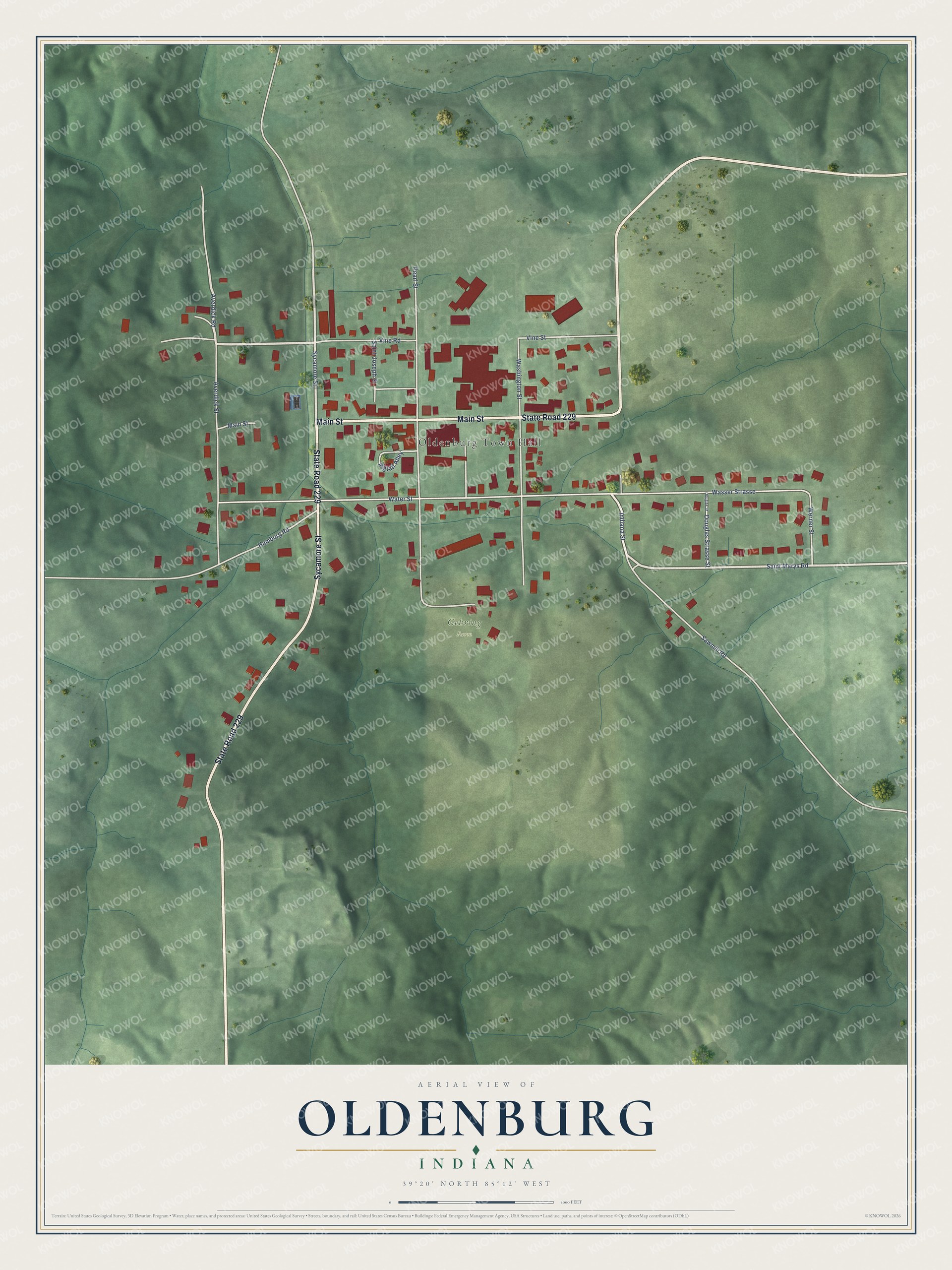 Watermarked full-map preview of Oldenburg, Indiana