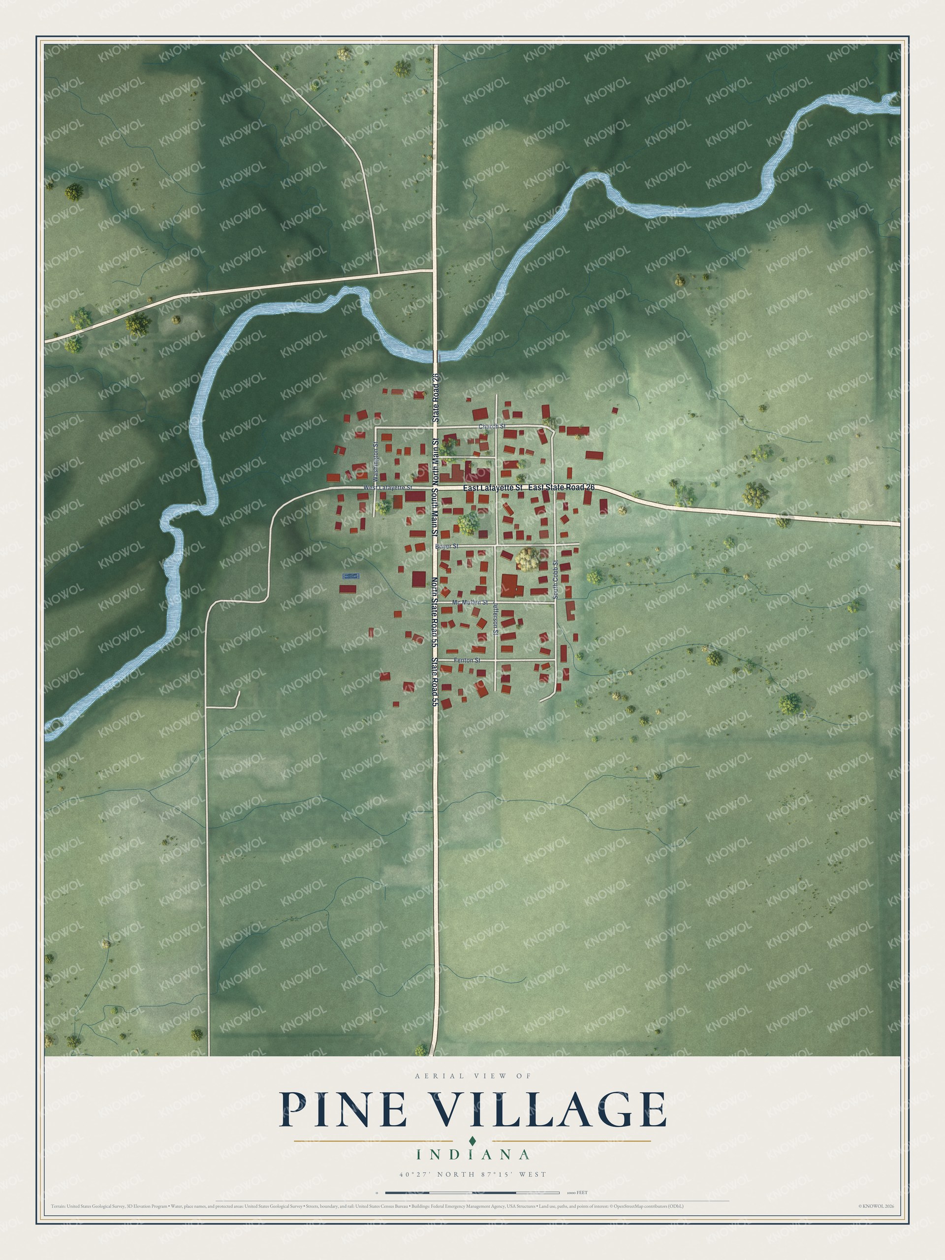 Watermarked full-map preview of Pine Village, Indiana