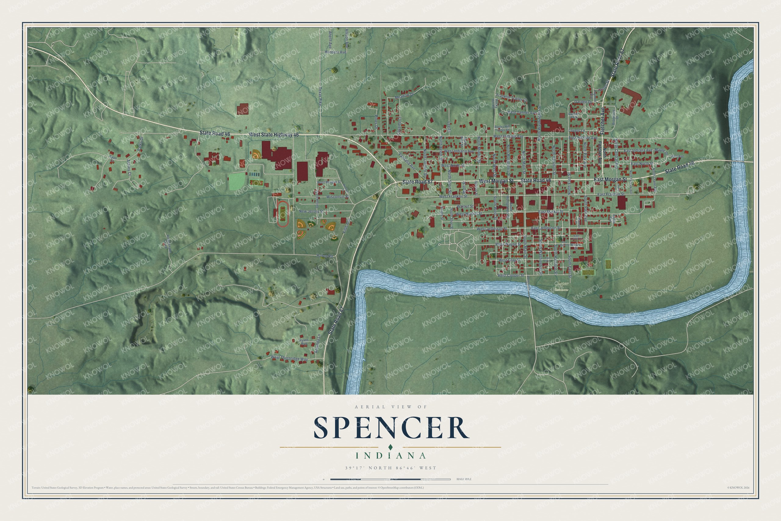 Watermarked full-map preview of Spencer, Indiana
